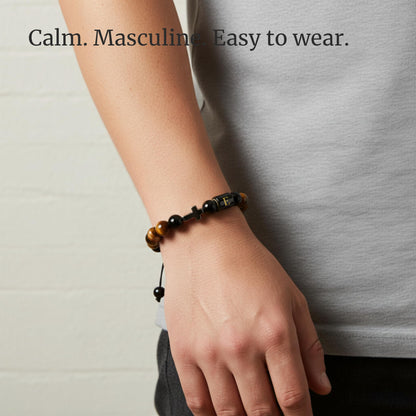 Initial Mens Bracelet with Cross - Religious Faith Beaded Bracelt Gift for Him Man Male Friend, Adjustable Tiger Eye Black Onyx Beads Braclet for Birthday Confirmation Sponsor Anniversary