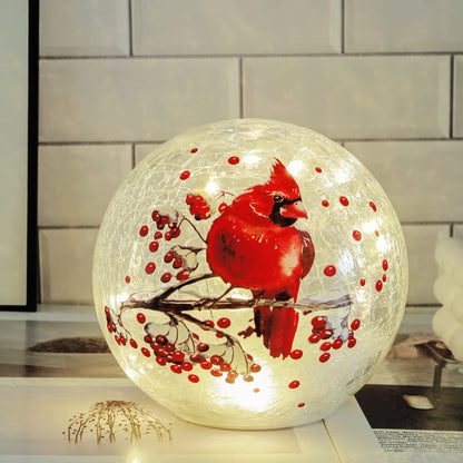 Crackle Glass Ball Cardinal Lamp, Light Up Red Bird Stained Glass Christmas Decor Accent Lamp, Lighted Globe Glass Table Lamp, Orb Cardinal Night Light, Mother's Day Gifts, Led Sphere Desk Lamp