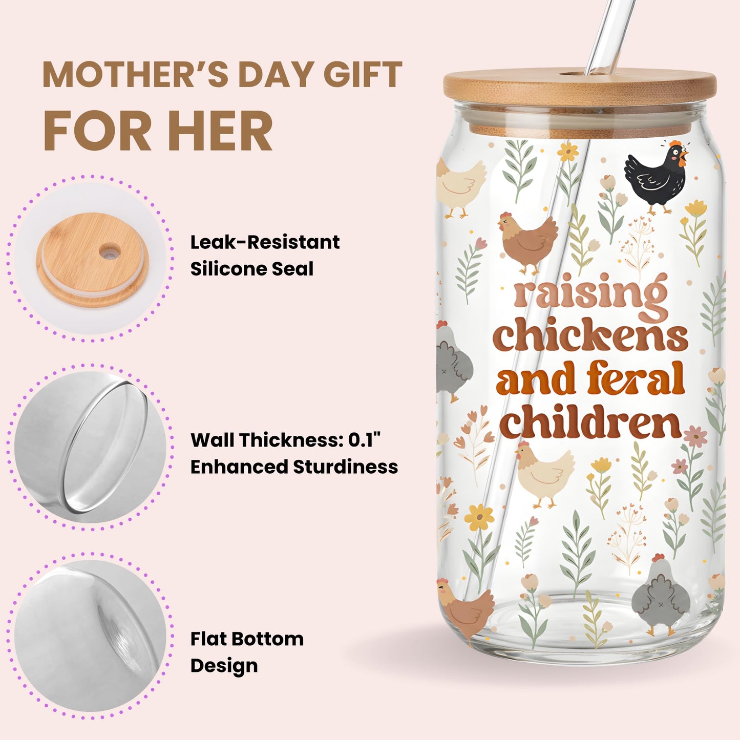 Chicken Gifts for Women, 16oz Glass Cup Chicken Mom Gifts, Funny Chickens Themed Gift for Mothers Day, Birthday, Chickens Lady Gift for Mom, Friend, Coworker, Sister