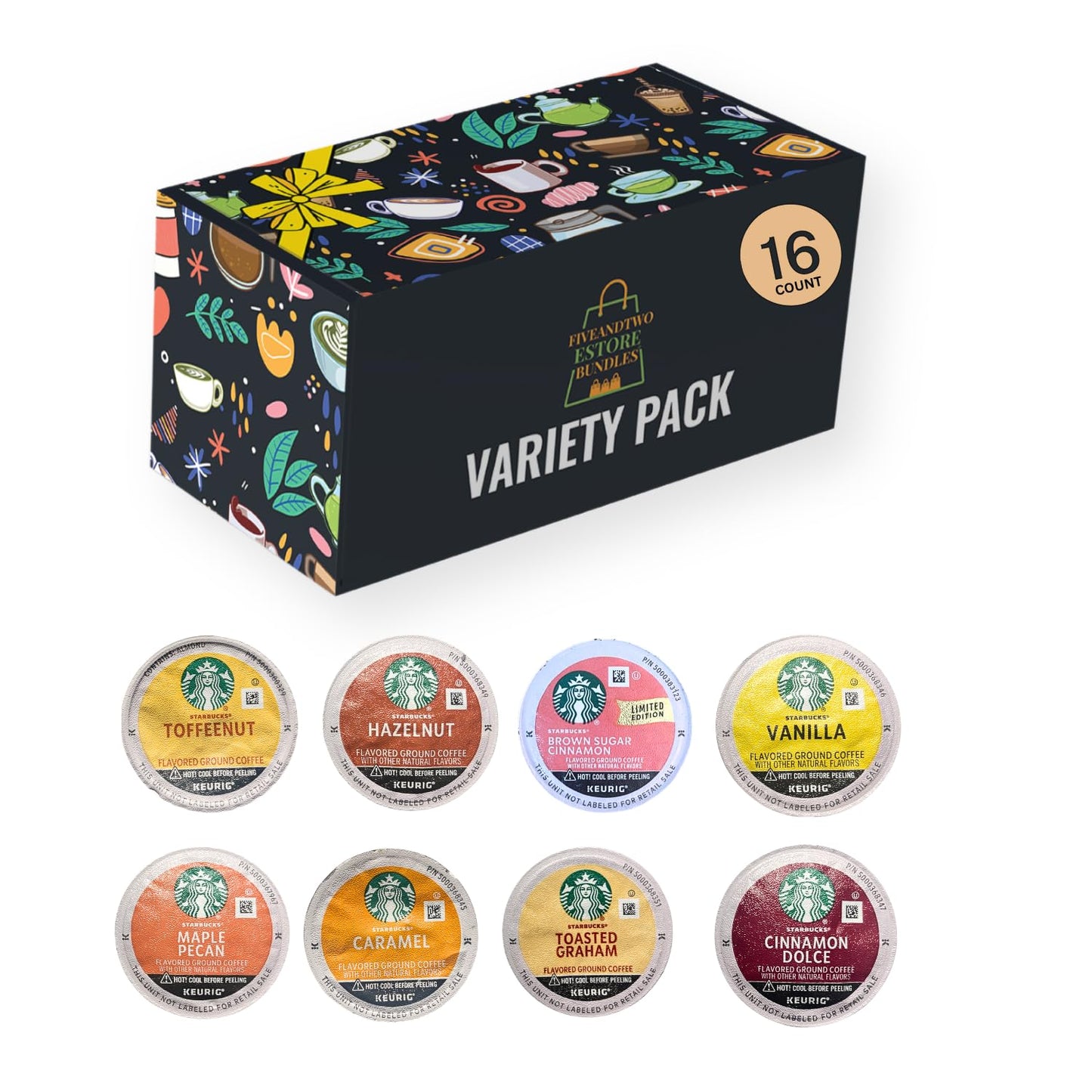 Fiveandtwoestore Bundles Flavored Coffee Pod Variety Pack, 16ct –Includes 8 Flavored K-Cup Pods - Cinnamon Dolce, Toasted Graham, Maple Pecan, Brown Sugar Cinnamon,Toffeenut, Vanilla, Hazelnut, Caramel in Giftable Box