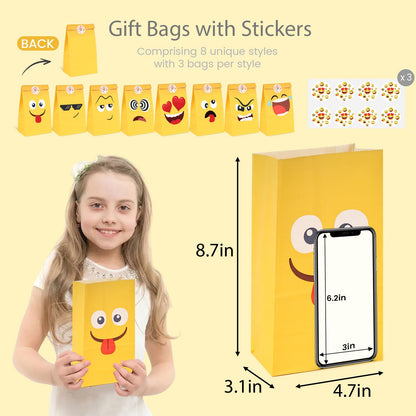 VGOODALL 24 Pack Funny Face Party Favor Bags with Stickers - 8.7"x4.7"x3.1" Yellow Expression Goodie Bags, Vibrant Cartoon Graphic for Kids Birthday, School Rewards & Gift Packaging