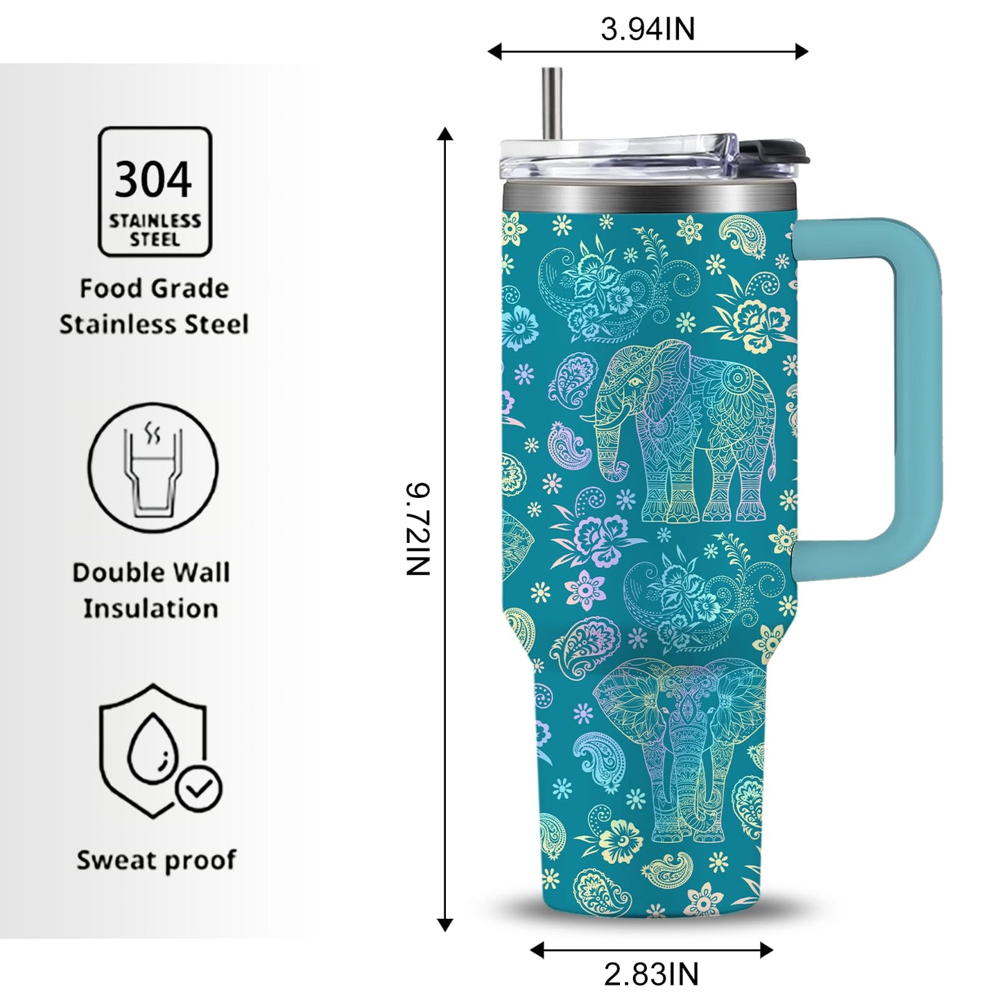 Elephant Tumbler 40oz, Travel Insulated Stainless Steel Tumbler Keeps Drinks Cold & Hot, Double Wall Vacuum, Elephants Gifts for Women Girls Coffee Travel Mug Cup Gift for Birthday Christmas