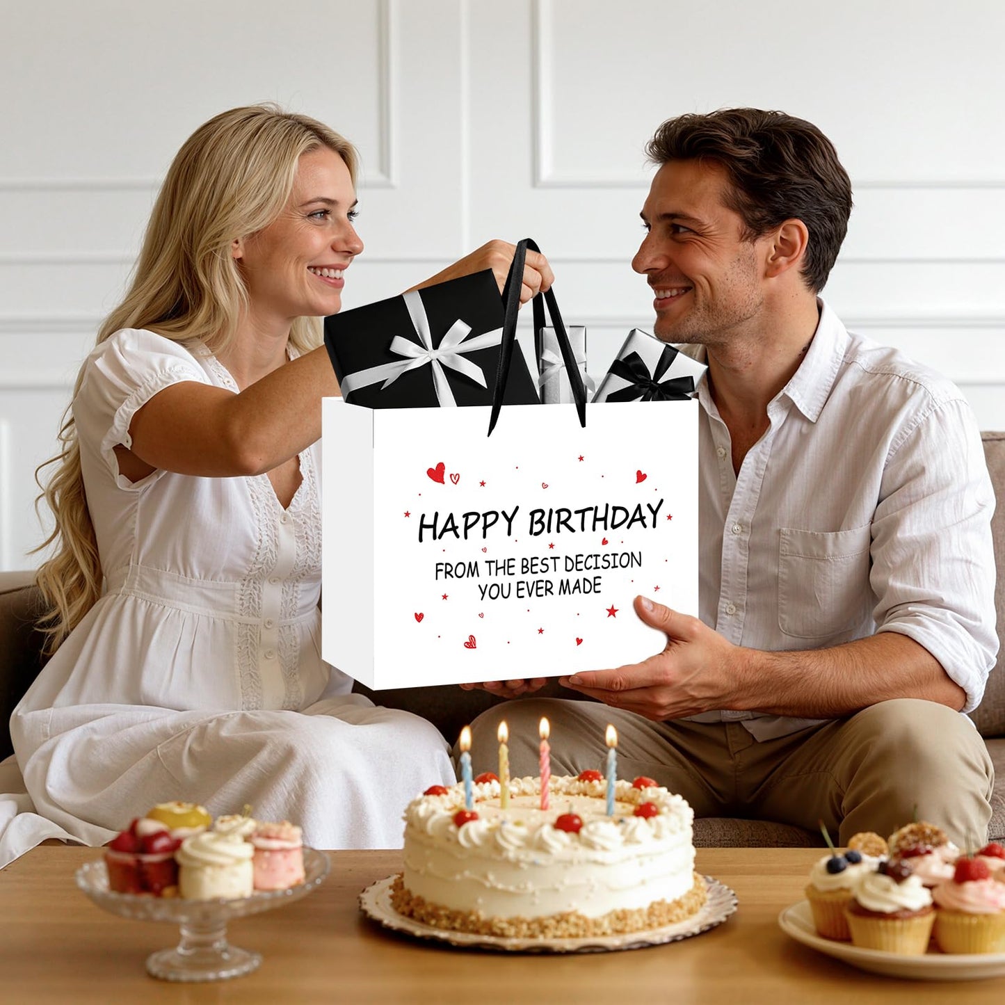 Funny Birthday Gift Bag with Tissue Paper Card From the Best Decision Gift Bags Black and White Happy Birthday Wrapping Bag for Boyfriend Girlfriend Husband Wife Couples Friends Bday Party Decorations