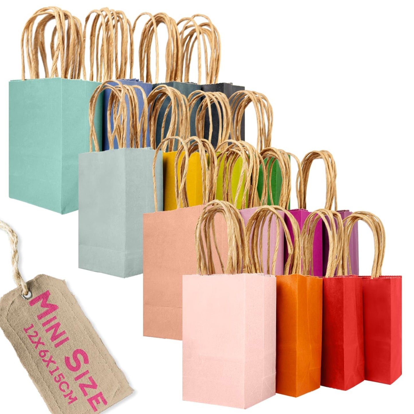 qiqee Mini Paper Gift Bags With Handles 16 Solid Colors Party Favor Bags for presents 4.5"x2.5"x6"（16-Packs）