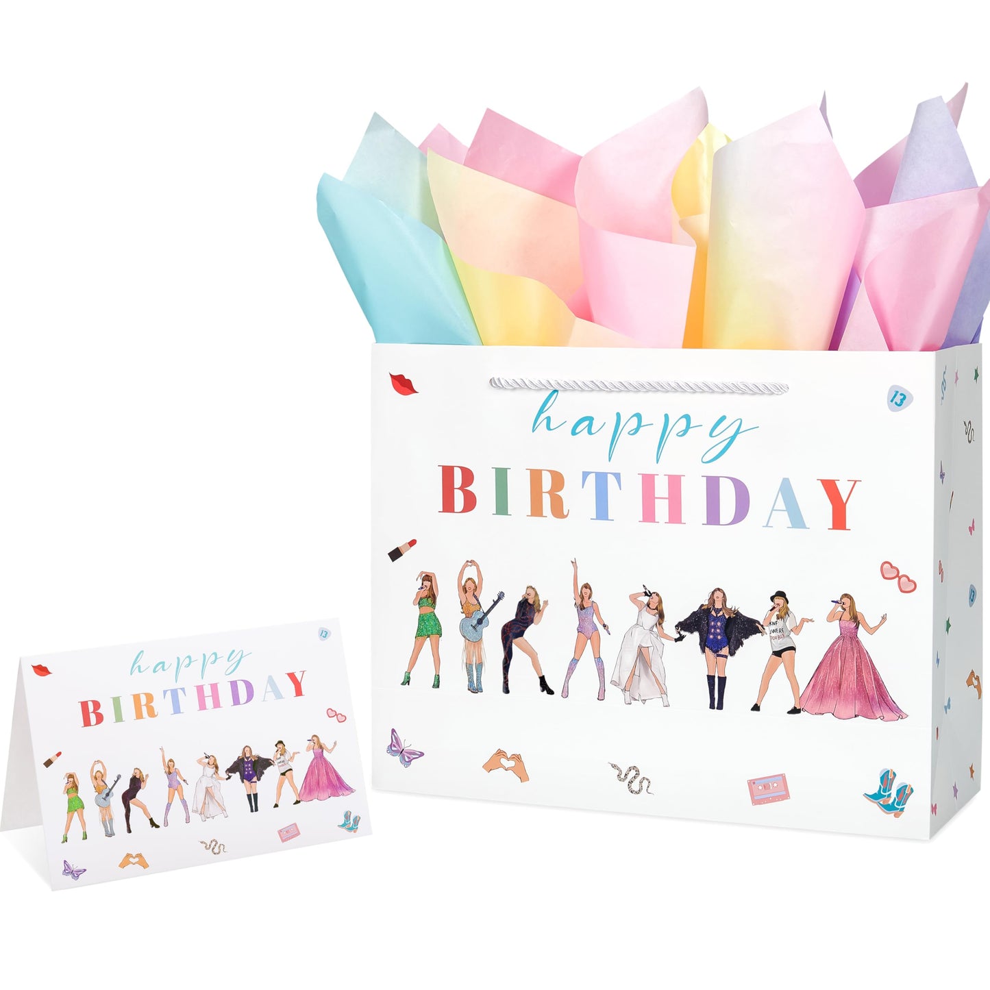 Crisky Large Happy Birthday Gift Bags for Women with Tissue Paper and Card, Music Lovers, Pop Singer Birthday Gift Bag with Handles for Party Decorations Supplies, 13"