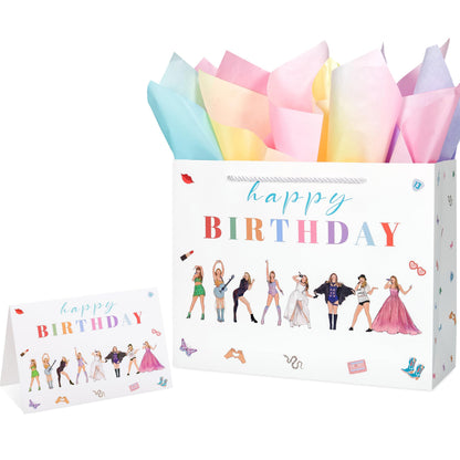 Crisky Large Happy Birthday Gift Bags for Women with Tissue Paper and Card, Music Lovers, Pop Singer Birthday Gift Bag with Handles for Party Decorations Supplies, 13"