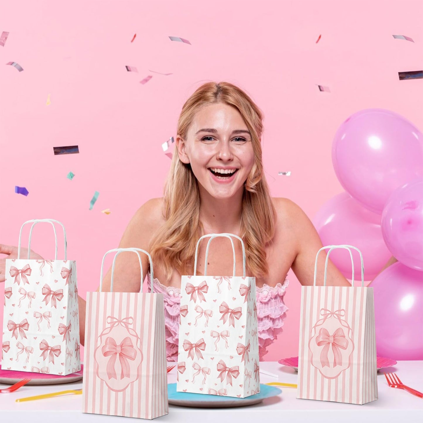 FRIDAY NIGHT 16 PCS Pink Bow Paper Gift Bags with Handle Valentine's Day Gift Bag Pink Party Favor Bag Cute Bow Goodie Candy Treat bags for Birthday Wedding Engagement