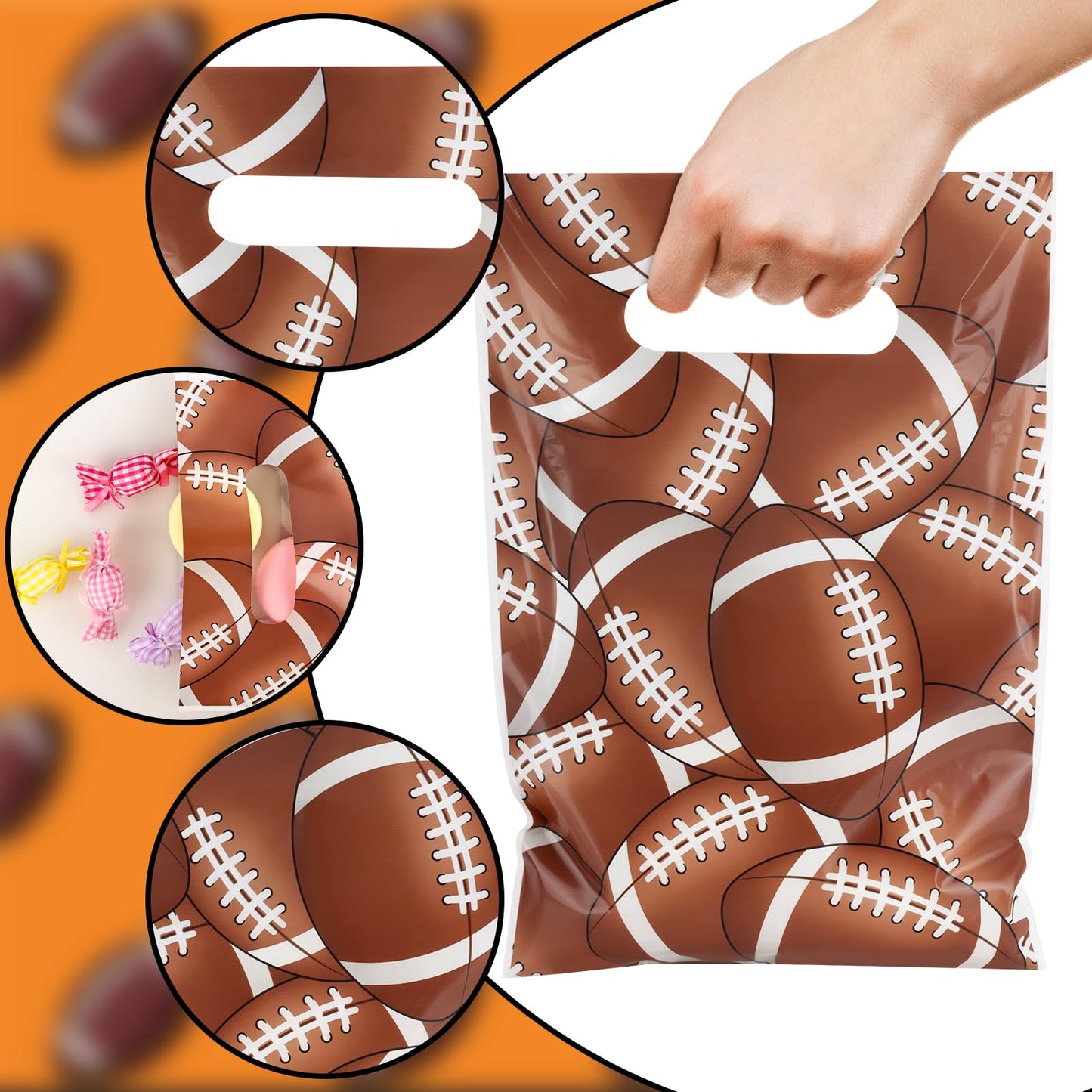 Hxezoc 50 Pieces Football Gift Bags with Handle, Plastic Treat Candy Bag Sport Favor Bags with Football Pile For Kids Birthday Party Decoration Supplies