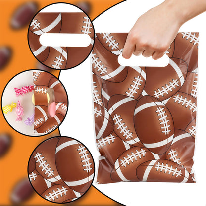 Hxezoc 50 Pieces Football Gift Bags with Handle, Plastic Treat Candy Bag Sport Favor Bags with Football Pile For Kids Birthday Party Decoration Supplies