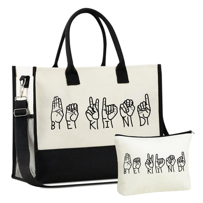 InnoBeta ASL Gifts for Women, Canvas Tote Bag with Top Zipper Closure and Shoulder Strap