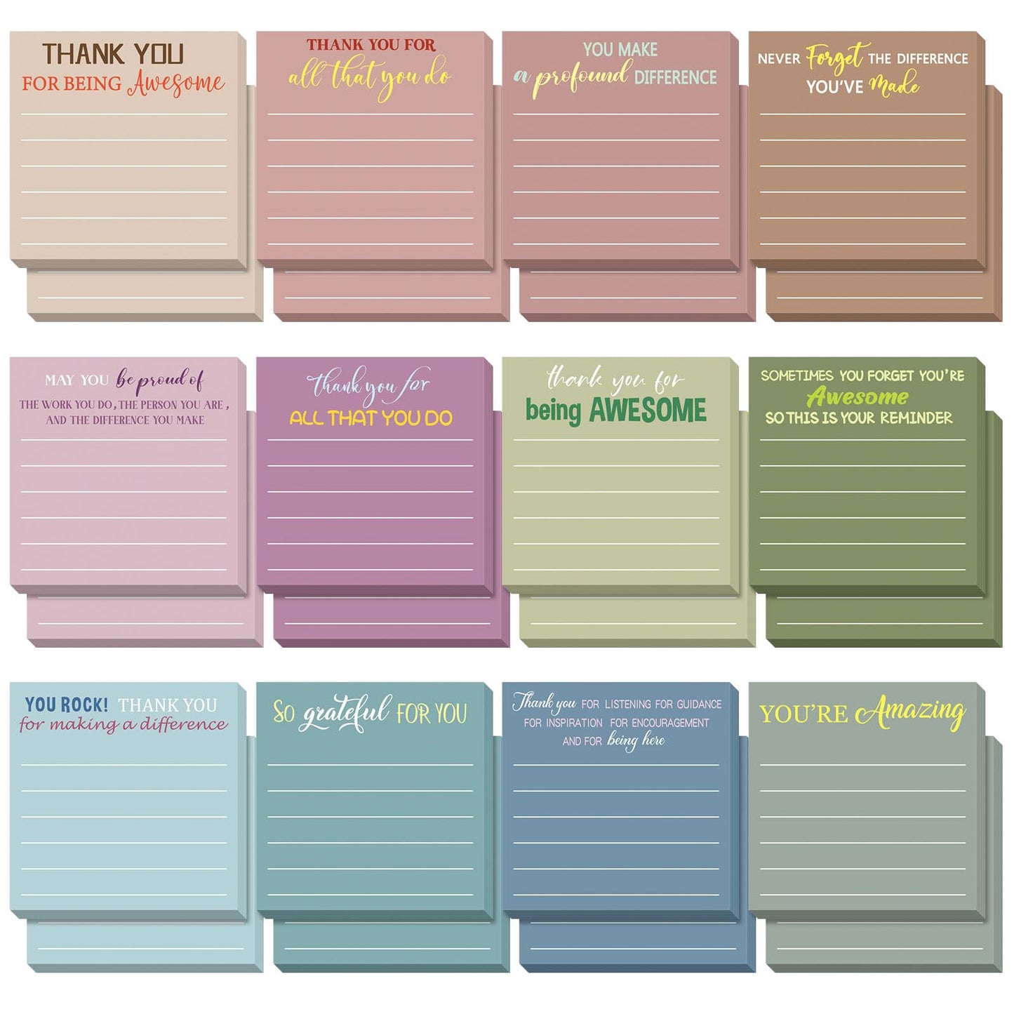 Yinder 24 Pcs Inspirational Sticky Notes - Employee Appreciation Thank You Gifts Bulk, 3x3 Mini Pocket Notepads for Teacher Office Staff End of Year Motivational Supplies (Appreciation,Morandi)