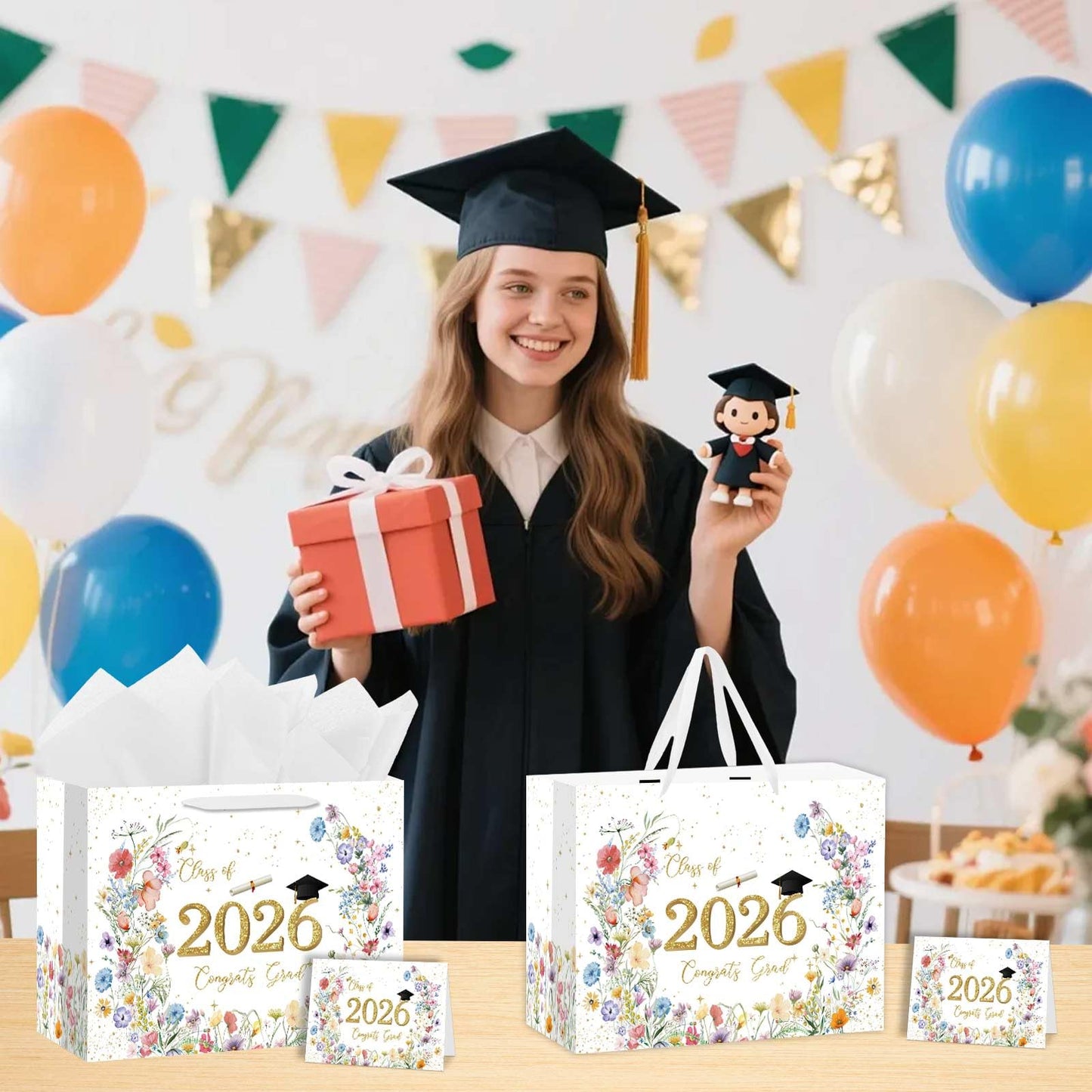 Zliisang 1PCS Class of 2026 Graduation Gift Bag for Girls with Tissue Paper and Greeting Card Wildflower Floral Congrats Grad Party Favor Supplies Graduation Party Decorations