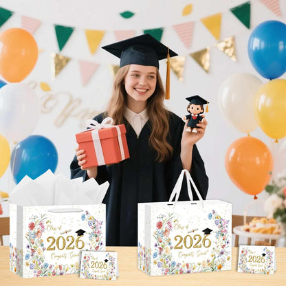 Zliisang 1PCS Class of 2026 Graduation Gift Bag for Girls with Tissue Paper and Greeting Card Wildflower Floral Congrats Grad Party Favor Supplies Graduation Party Decorations