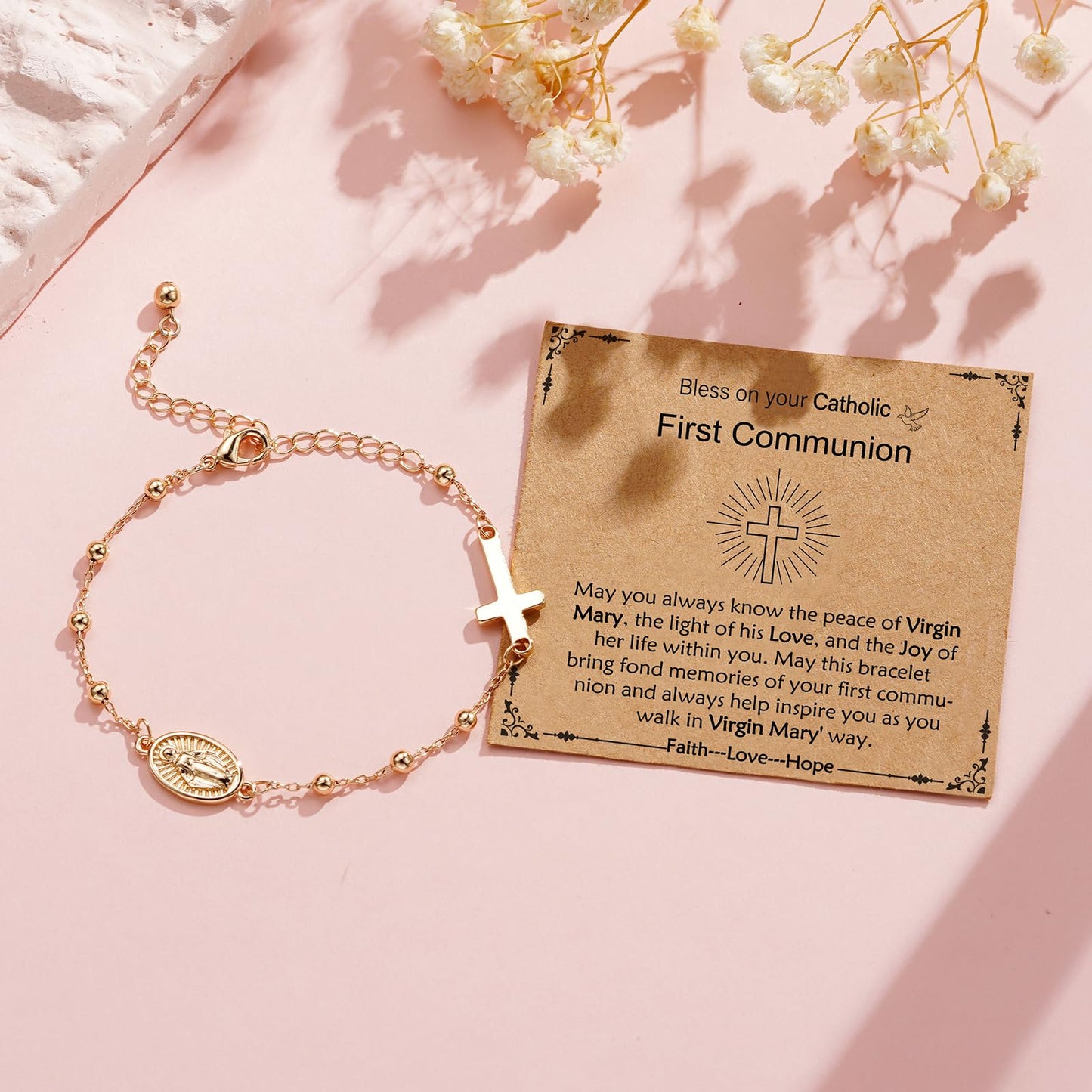 Catholic First Communion Confirmation Baptism Gifts for Girls Teens, Virgin Mary Cross Charm Link Chain Rosary Beads Bracelet Religious Jewelry Gifts