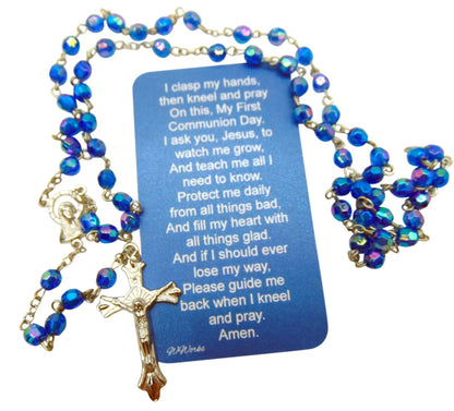 Westmon Works First Communion Rosary Set Blue Glass Beads in a Protective Case with Matching Holy Prayer Card
