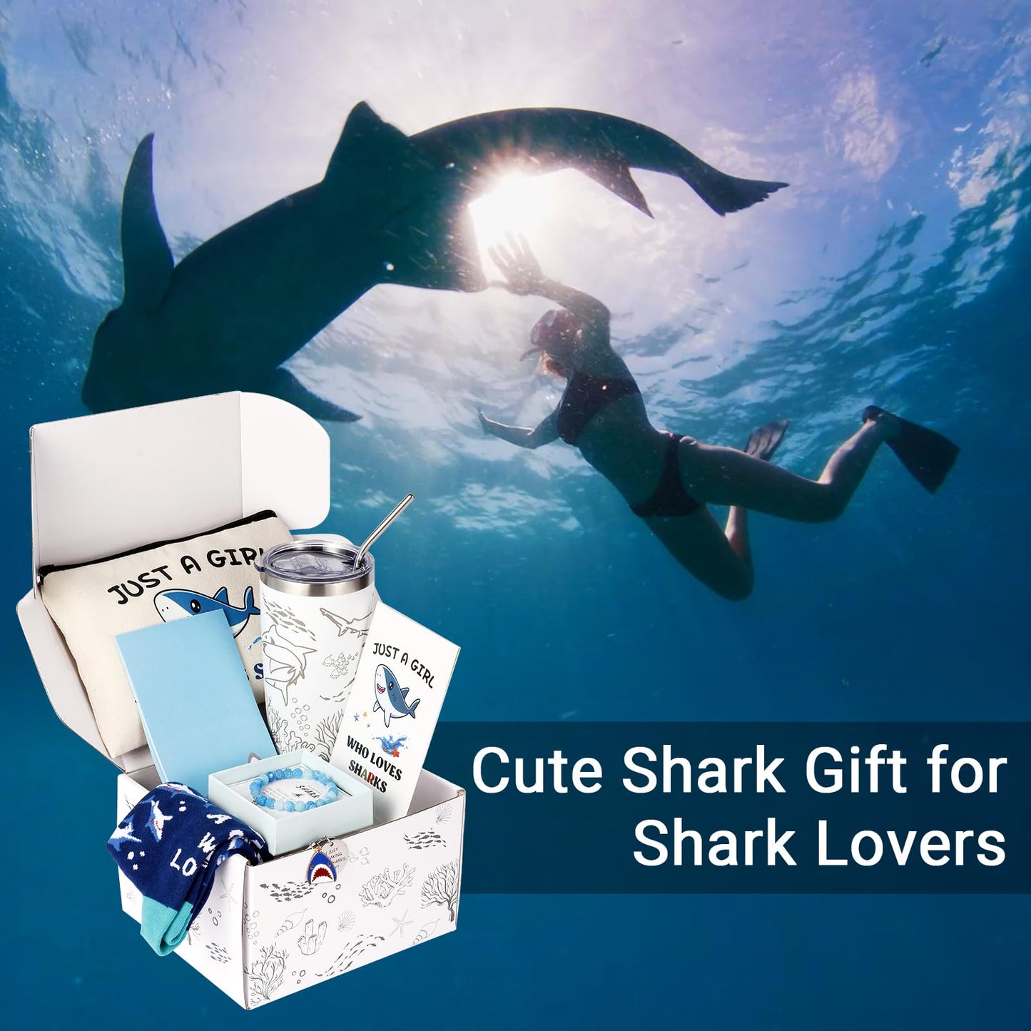 Bayelove Shark Gifts for Women Best Shark Lovers Week Gift for Women Funny Sharks Stuff Include Makeup Bag Socks Notepad Tumbler Mug Keychain Brecelet Gift Card for Birthday Christmas Mothers Day