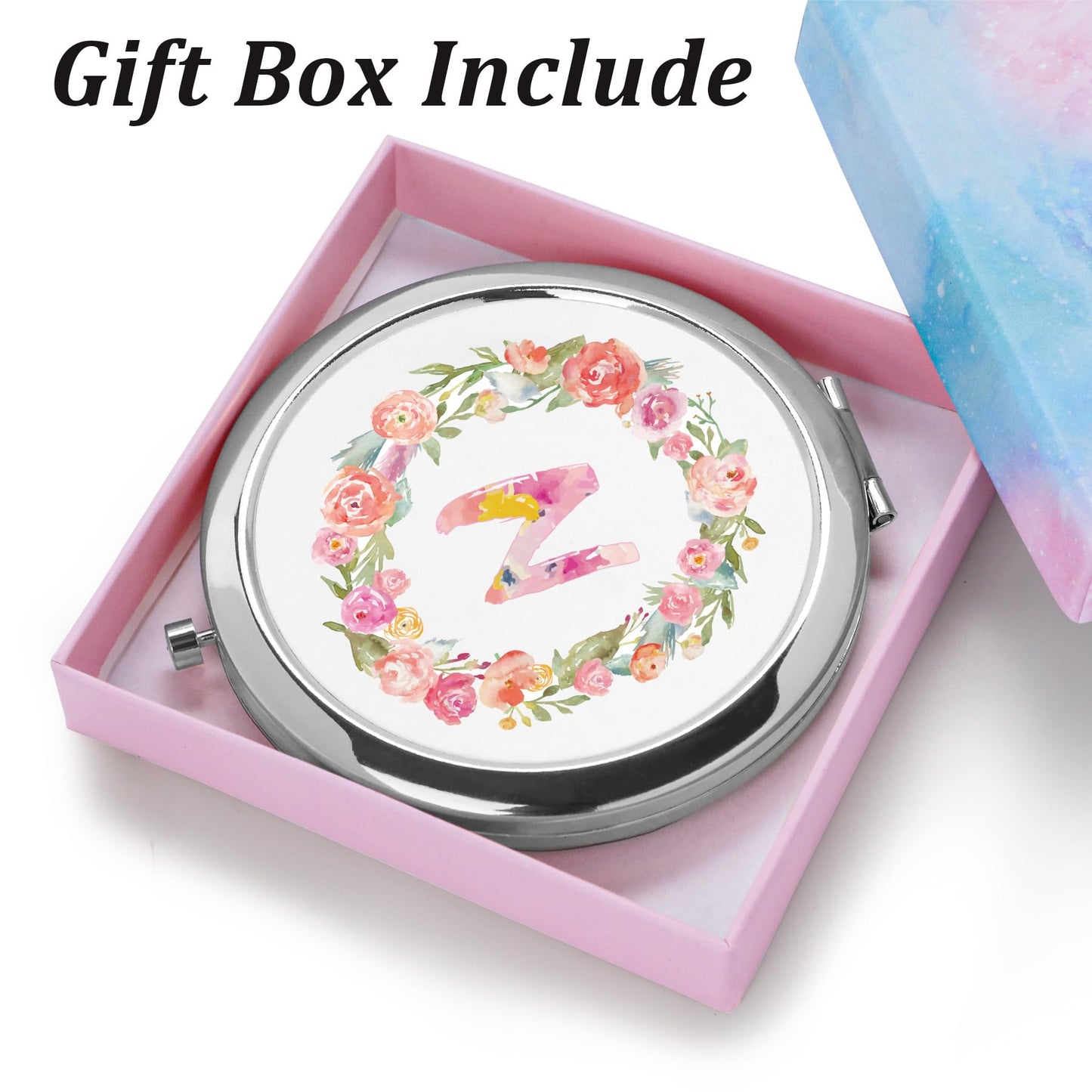 Personalized Gift for Women Girls Her, Custom Gifts for Adult Teen, Floral Monogram Alphabet Initial Compact Mirror for Birthday, Graduation, Mothers Day, Basket Stuffers