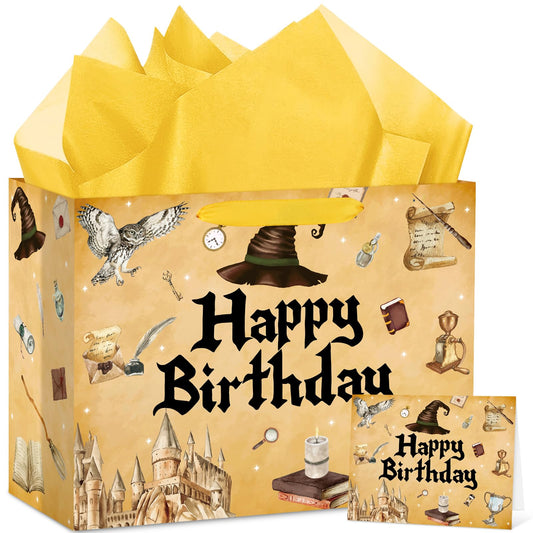 Hooqict Magical Wizard Gift Bag Happy Birthday Gift Wrapping Bag with Handles, Tissue Paper and Greeting Cards for Kids Girls Boys Wizard Birthday Party Supplies Halloween Party Favors