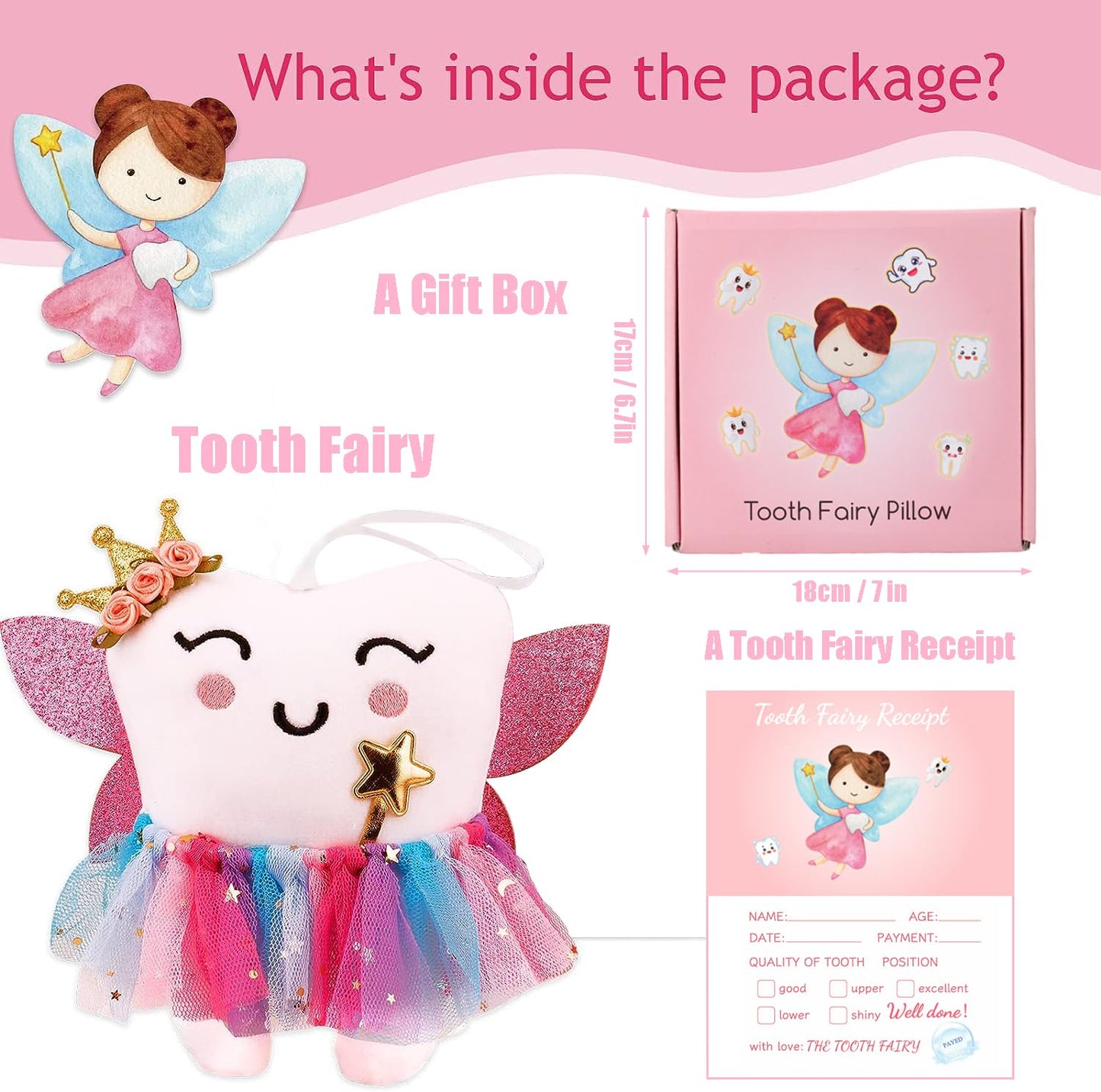 SQIMZAR Tooth Fairy Pillow,Tooth Fairy Plush Dolls for Girls with Pocket and Glittering Wings,Tooth Fairy Gifts Bag Pouch for Girls