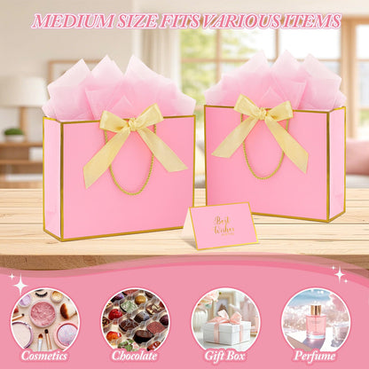 Addblu 2 Pack Large Gift Bags with Handles & Tissue Papers, 12.6×10×4 Inches Thank You Gift Bags with Cards for Mother’s Day, Birthday, Baby Shower, Wedding & Bridesmaids (Pink Gift Bag, 2 PCS)