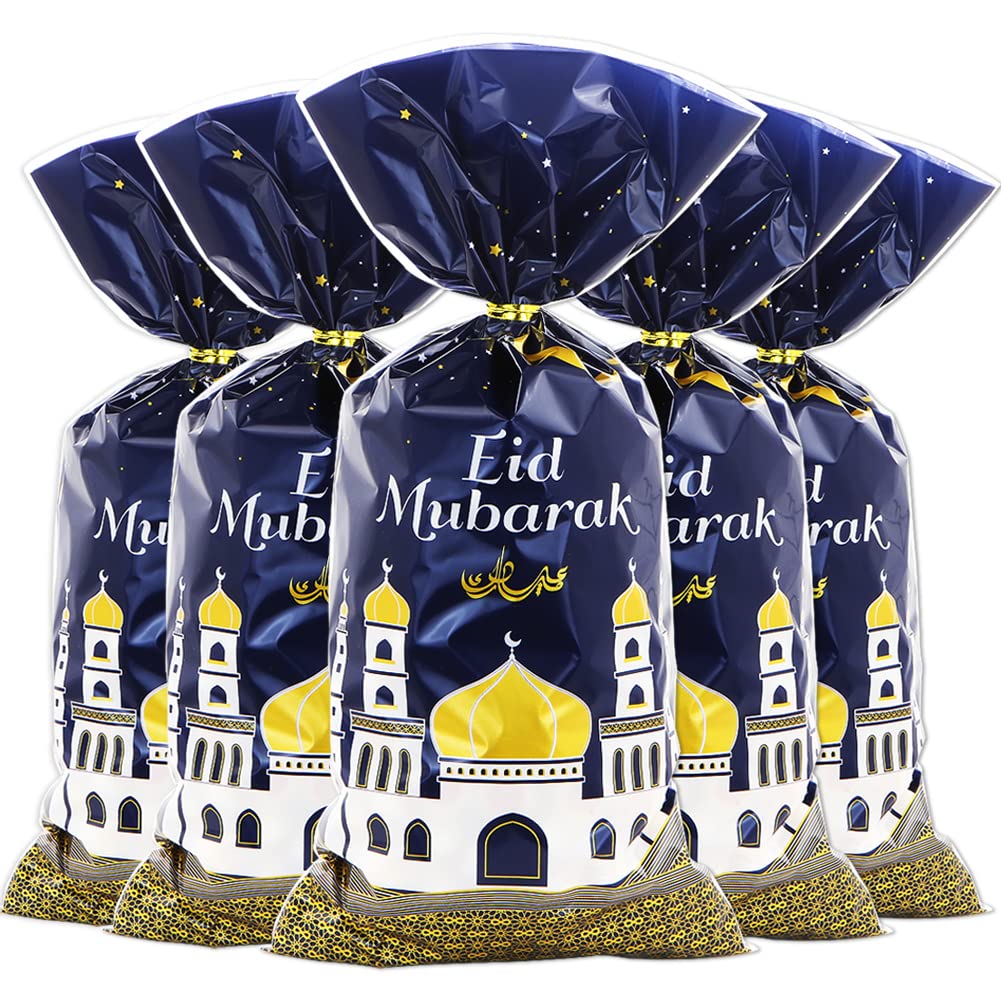 2026 Eid Mubarak Goodie Bags, 100 Pieces Muslim Castle Moon Star Pattern Ramadan Treat Bags Cellophane Bags Goody Favor Bags with Gold Twist Ties for Muslim Islamic Eid Iftar Diwali Party Kids Gifts