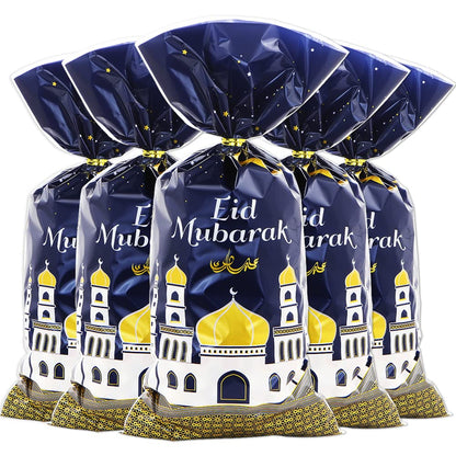 2026 Eid Mubarak Goodie Bags, 100 Pieces Muslim Castle Moon Star Pattern Ramadan Treat Bags Cellophane Bags Goody Favor Bags with Gold Twist Ties for Muslim Islamic Eid Iftar Diwali Party Kids Gifts