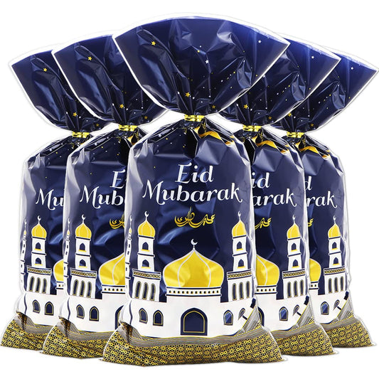 2026 Eid Mubarak Goodie Bags, 100 Pieces Muslim Castle Moon Star Pattern Ramadan Treat Bags Cellophane Bags Goody Favor Bags with Gold Twist Ties for Muslim Islamic Eid Iftar Diwali Party Kids Gifts