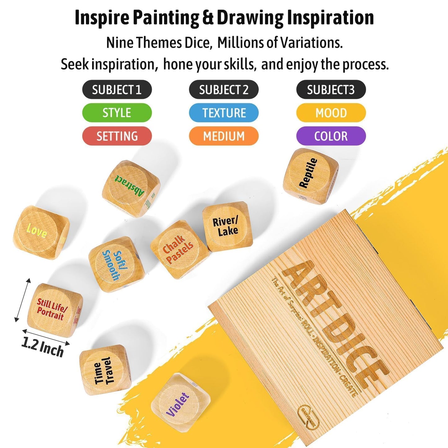 Garybank Inspiration Art Dice Gifts for Artists, W/Drawing Principles Cards - Color Wheel & Painting Knowledge, Art Supplies for Women, Set of 9 Creativity Dice, Cool Artist Teacher Gifts