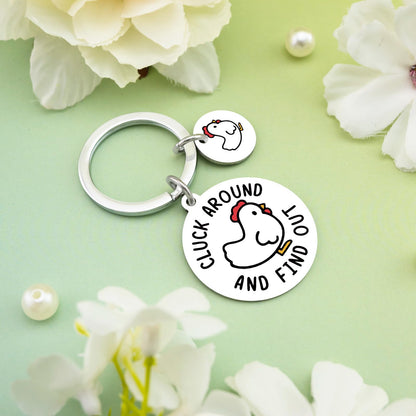 Chicken Keychain for Chickens Lovers Chicken Gifts for Women Men Unique Chickens Stuff Cluck Around and Find Out Sign