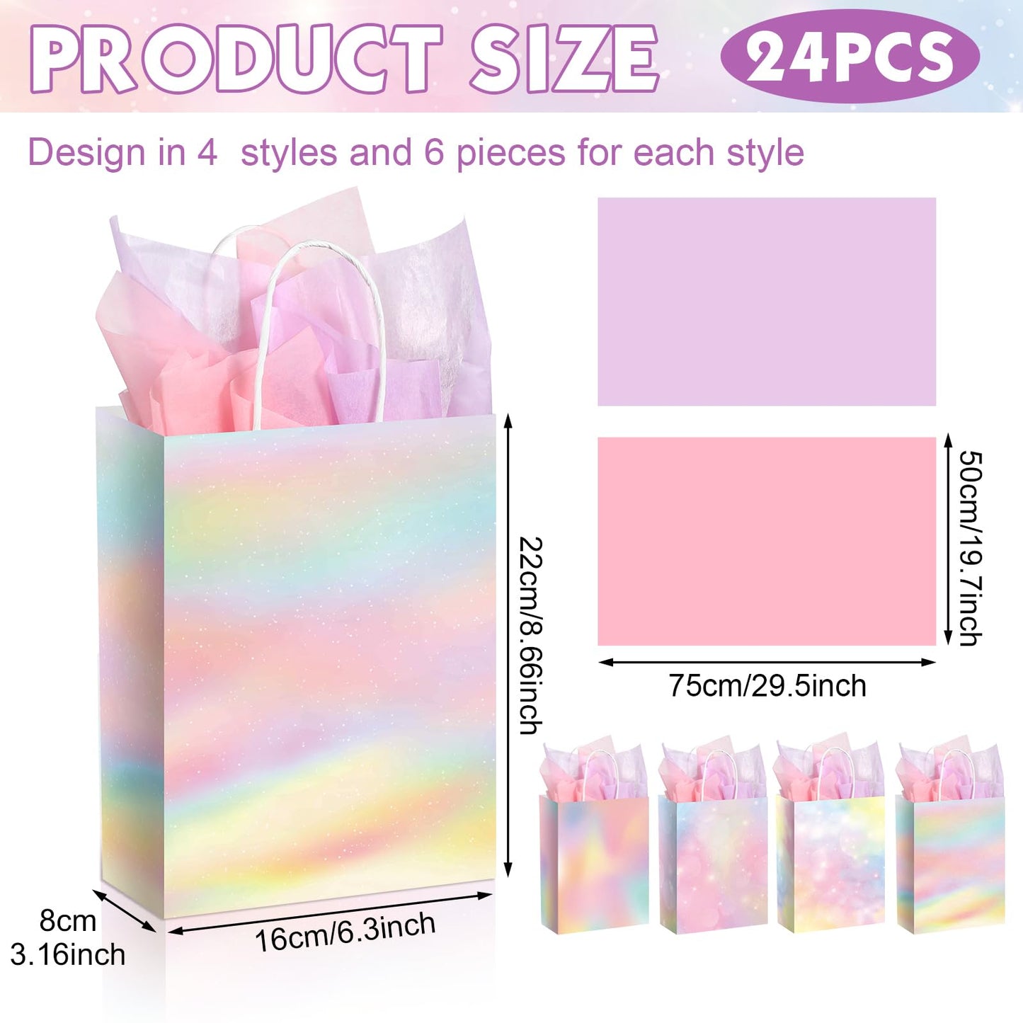Maitys 24 Pcs Pastel Rainbow Goodie Bags with Tissue Paper, Spring Easter Party Favor Bags Rainbow Party Favor Bag Pastel Gift Bag for Kids Girls Spring Unicorn Birthday Wedding Baby Shower Decor