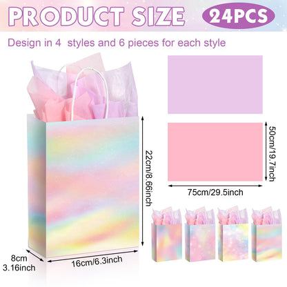 Maitys 24 Pcs Pastel Rainbow Goodie Bags with Tissue Paper, Spring Easter Party Favor Bags Rainbow Party Favor Bag Pastel Gift Bag for Kids Girls Spring Unicorn Birthday Wedding Baby Shower Decor