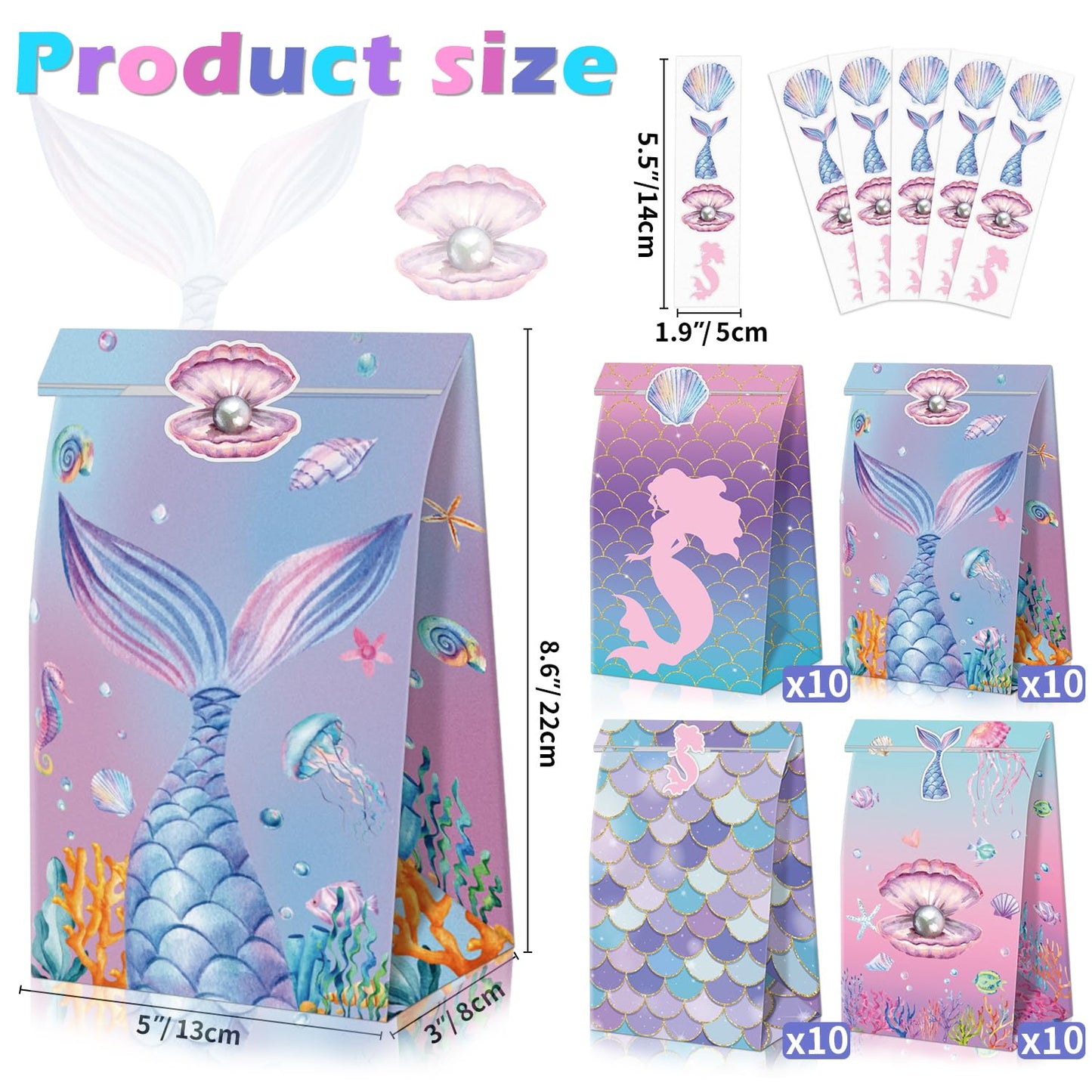 XJLANTTE 40 Pcs Mermaid Goodie Bags - Under The Sea Party Favor Bags with Tail Stickers, Scale Party Bags for Kids Girls Under The Sea Themed Little Mermaid Party Decorations
