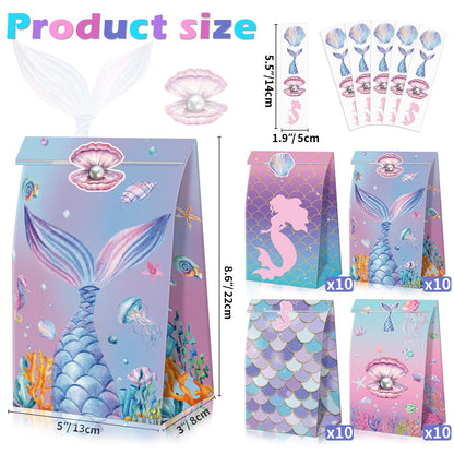 XJLANTTE 40 Pcs Mermaid Goodie Bags - Under The Sea Party Favor Bags with Tail Stickers, Scale Party Bags for Kids Girls Under The Sea Themed Little Mermaid Party Decorations