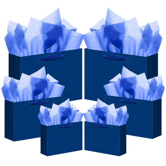 qiqee 10PCS Nordic Blue Gift Bags with Ribbon Handles Mulit Assorted Sizes Gift Wide Bags (2pcs Large 13", 4pcs Medium 9.6", 4pcs Small 6.3",Tissue Paper)