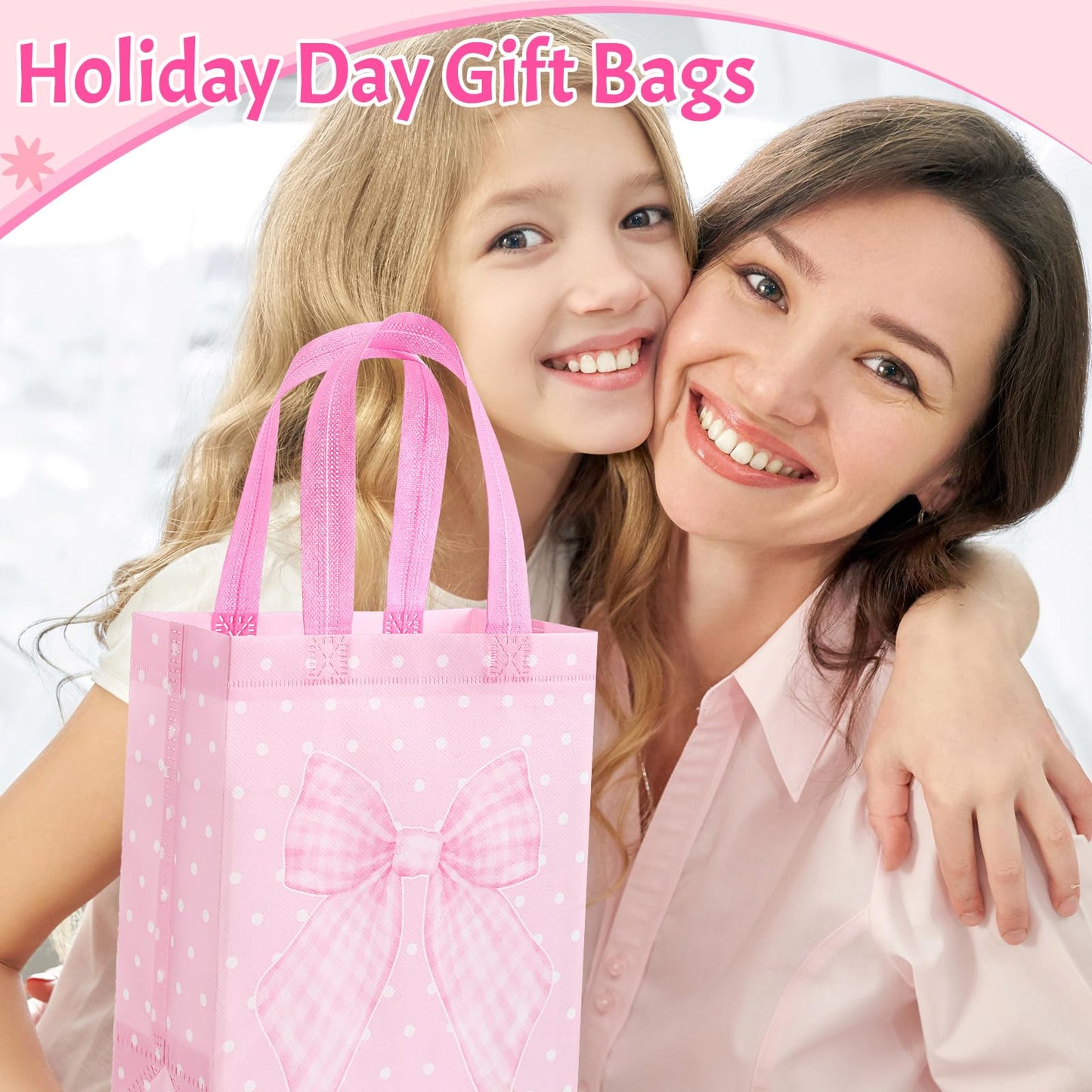 Wovnet 30 Pcs Pink Bow Gift Bags Reusable Non Woven Party Favor Bag Coquette Bow Goodie Treat Bags with Handle for Girls Wedding Bridal Shower Tea Party Birthday 10 x 8 x 4in