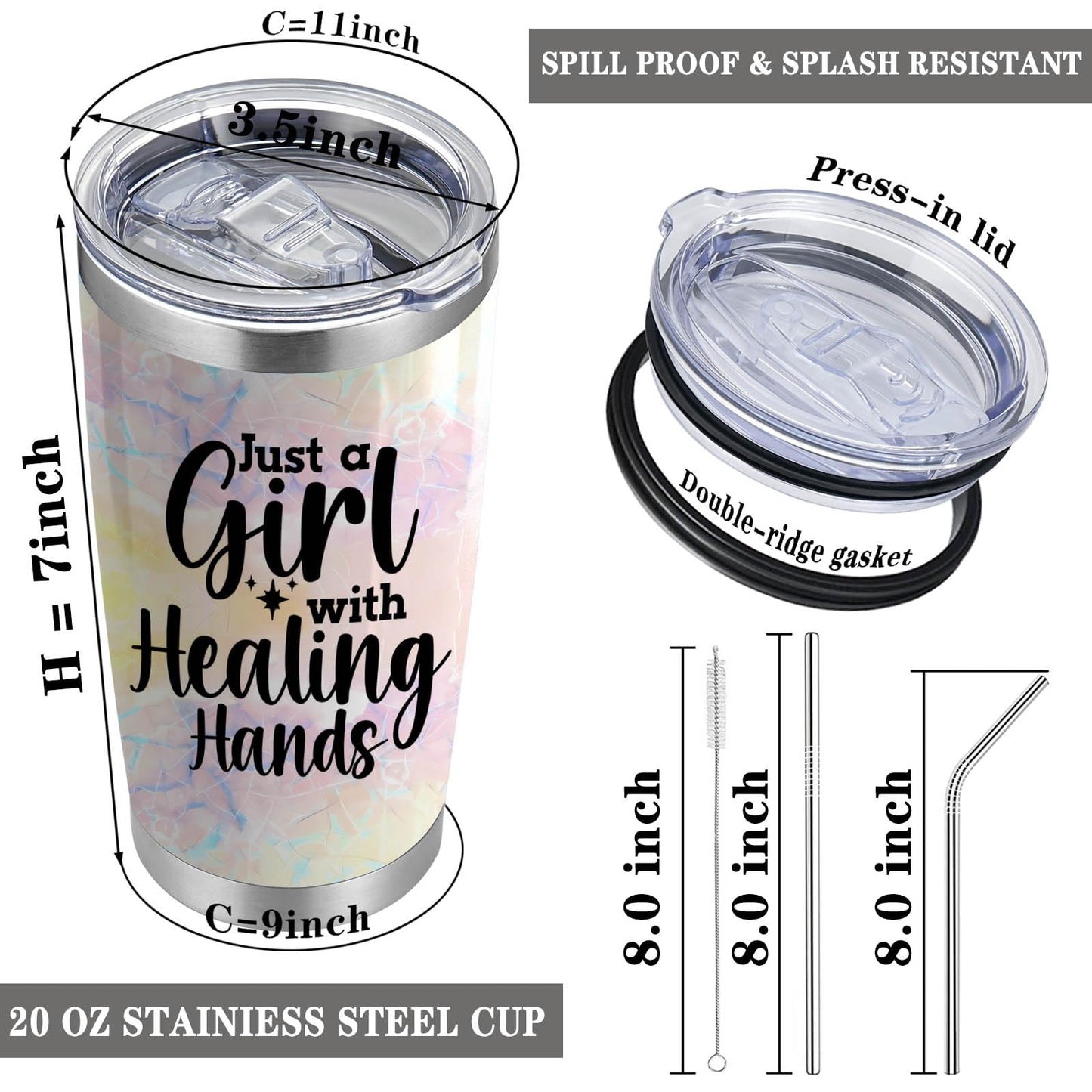 Massage Therapist Gifts Massage Therapist Definition 20oz Stainless Steel Insulated Tumbler with Lid and Straw Just a Girl with Healing Hands (Girl with Healing Hands)