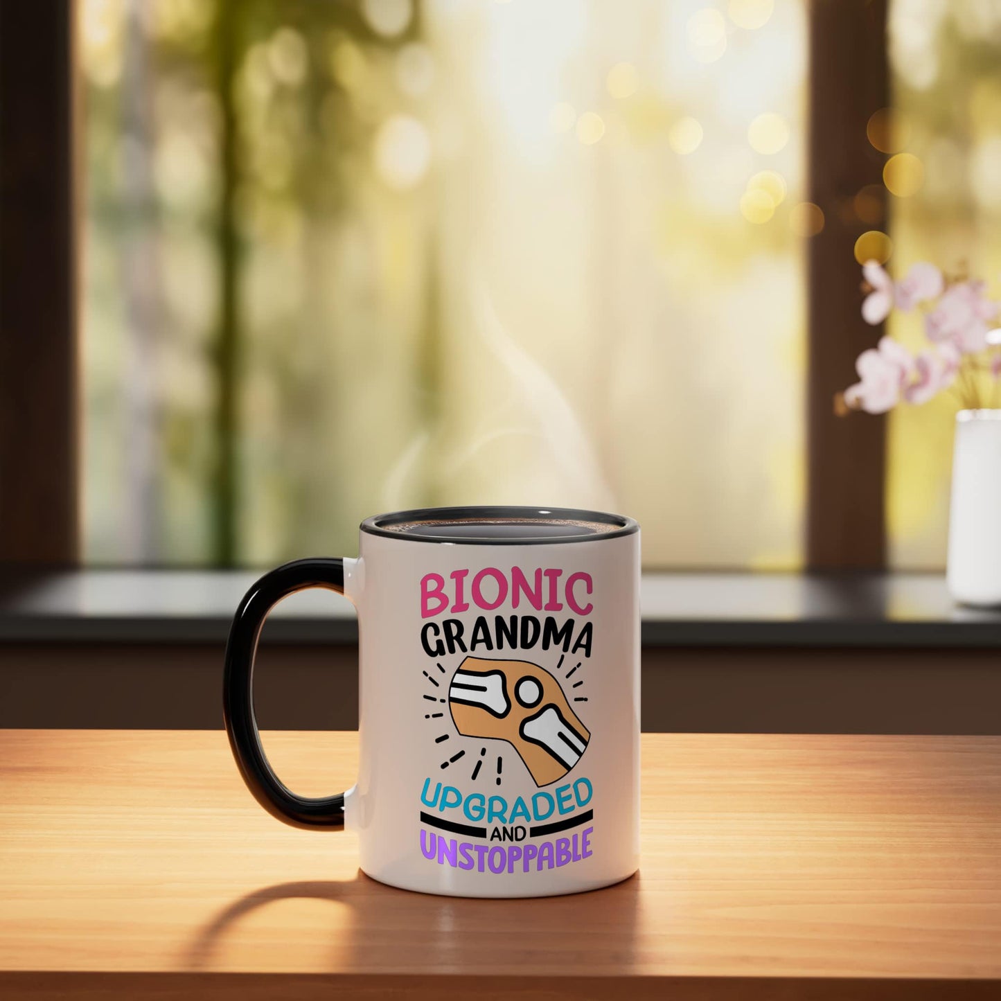 Bionic Grandma After Knee Surgery Gift Knee Replacement Ceramic Mug, Black/White