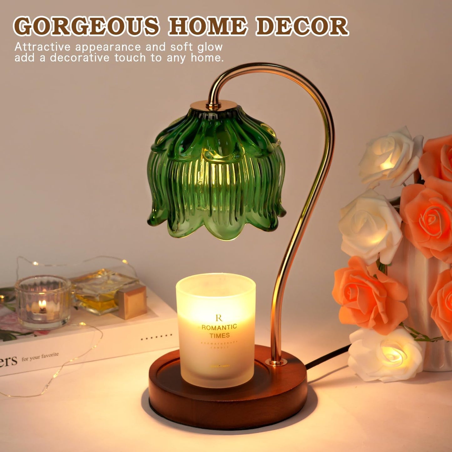 Funistree Green Candle Warmer Lamp with Timer, Christmas Gifts, Dimmable Flower Candle Lamp Warmer, Vintage Birthday Gifts for Women, Mom, Female Friend, Aromatic Candle Light for Yankee Candles