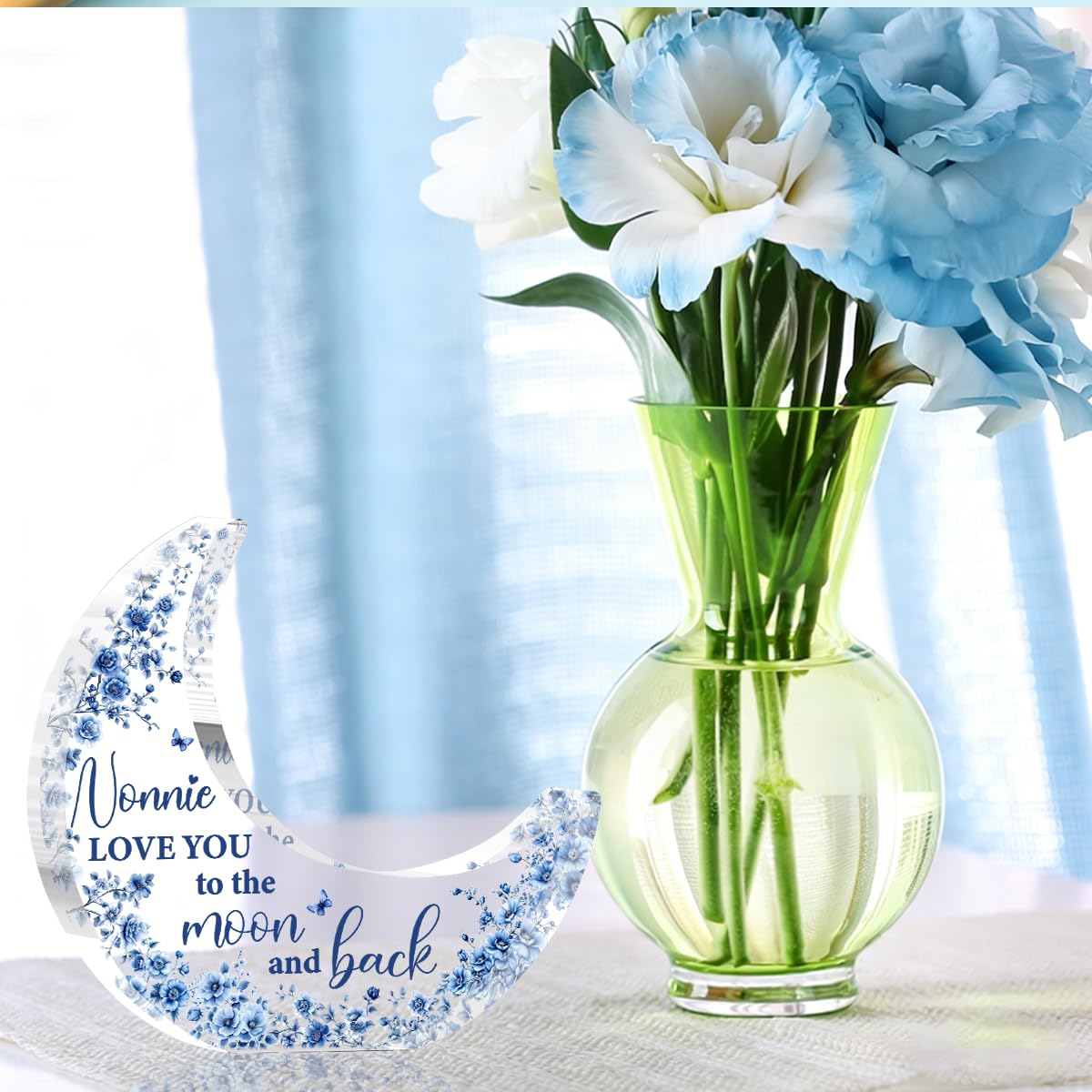 Nonnie Gifts, Mothers Day Birthday Gifts for Grandma, Moon Acrylic Desk Decorations, Retirement Appreciation Gift for Women Granny Nana, Blue Floral Acrylic Plaque for Office Bedroom Decor