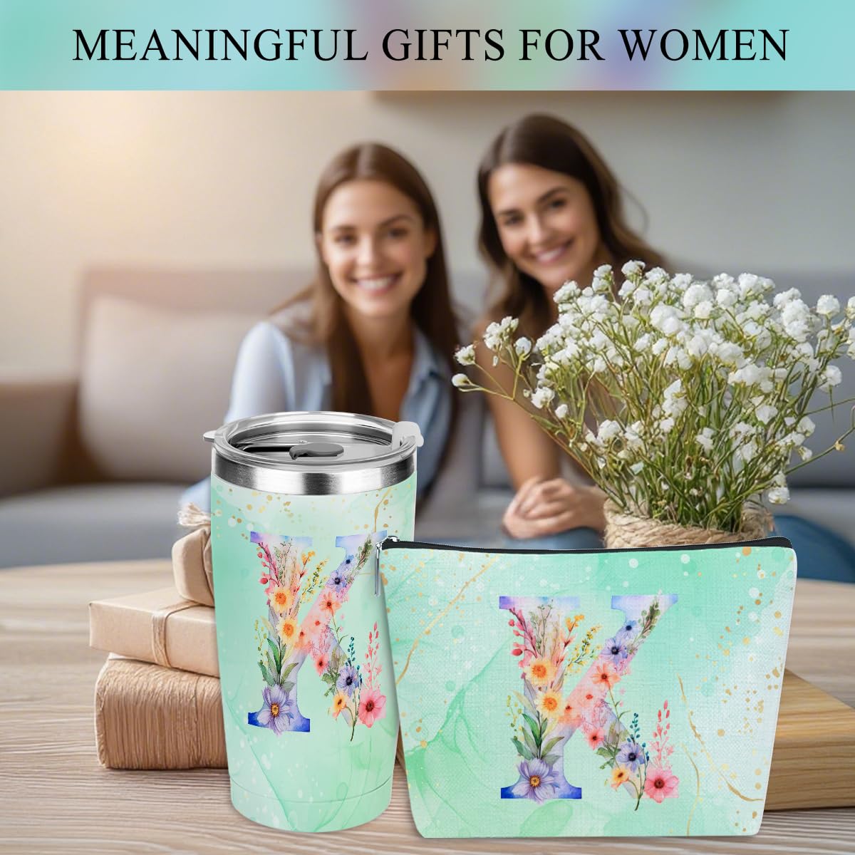 Personalized Gifts Monogrammed Birthday Gifts for Women, Soul Sister Bachelorette Party Wedding Christmas Initial 20 oz Tumbler, Makeup Bag Cup Pens Journal Notebook 6 Set, (Aesthetic Green Flower K)