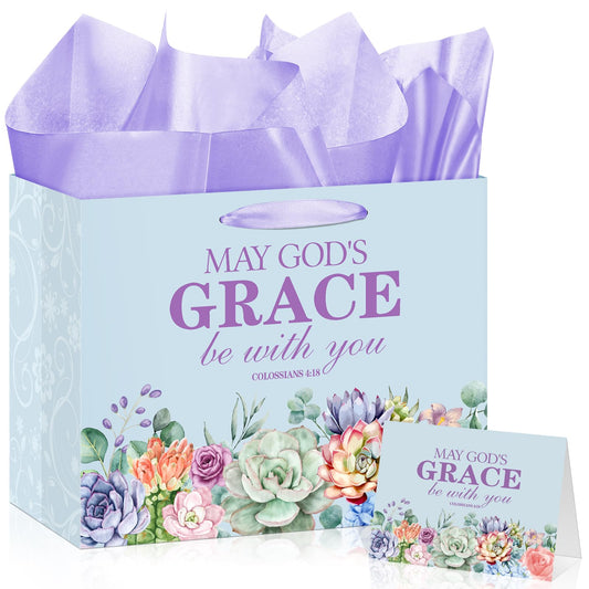 Christian Art Gifts Bag with Card & Purple Tissue Papers,Scripture Gift Bag,May God's Grace Be With You Scripture Gift Bag with Bible Verse for Mother's Day,Baptism,Wedding,Christian Goodie Treat Bag