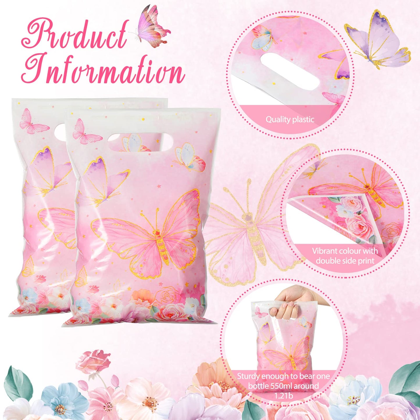 Teling 50 Pcs Butterfly Gift Bags Plastic Small Pink Butterfly Candy Bags Foral Birthday Goodie Bag with Die Cut Handle for Spring Summertheme Party Gift Wrapping Supplies Decor, 7 x 10 Inch