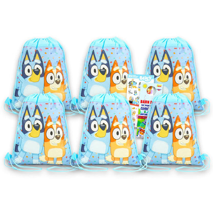 Bluey Party Favor Bags Set - Bundle with 6 Cinch Bags for Kids Plus Stickers, More | Bluey and Bingo Birthday Party Supplies for Kids, Boys, Girls