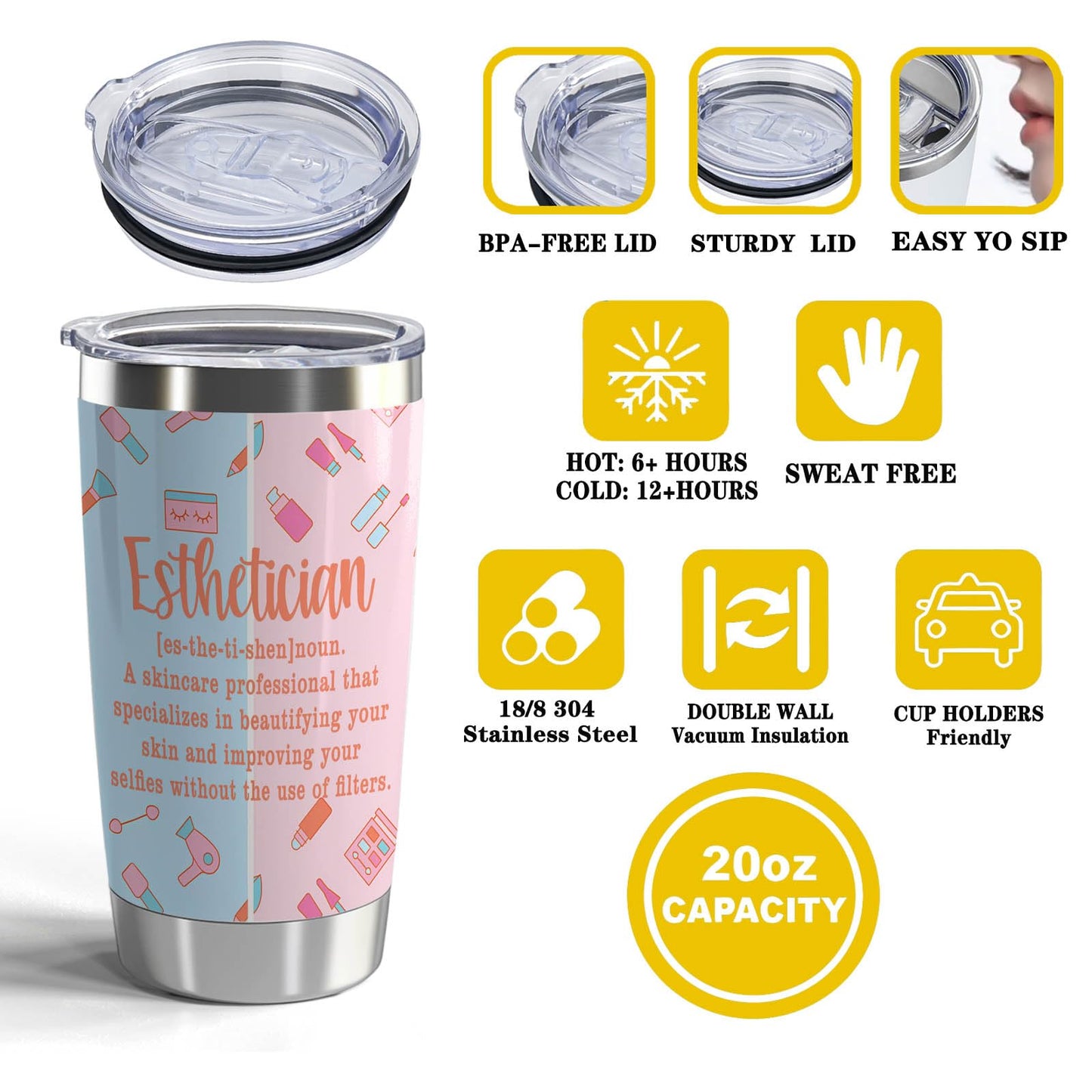 Esthetician Gift Beautician 20oz Stainless Steel Tumbler with Lid and Straw Beauty Artist Gifts (Esthetician Definition)