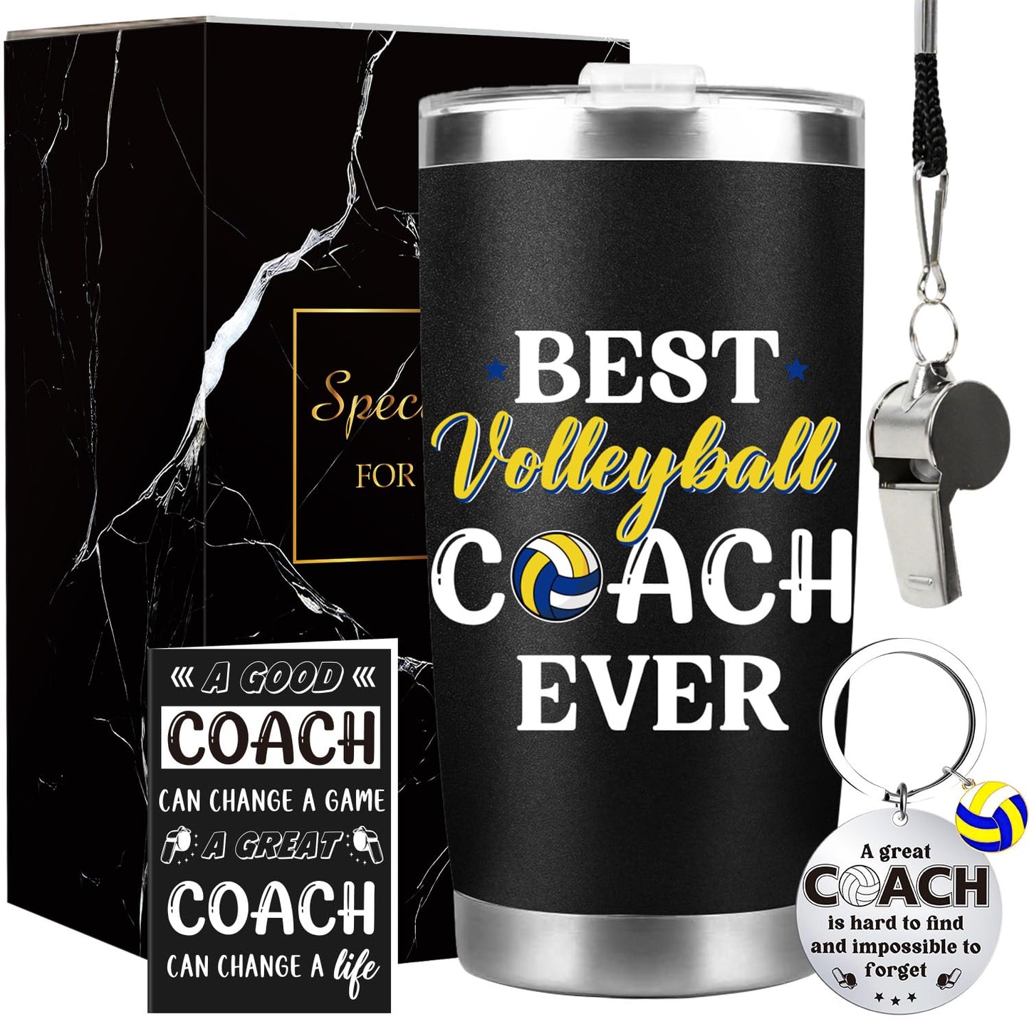 Keluna Volleyball Coach Gifts for Men - Volleyball Coach Appreciation Thank You Team Player Sports Lover Gift for Men Brother Husband Teacher Colleague Tumbler Cup Keychain Whistle Greeting Cards