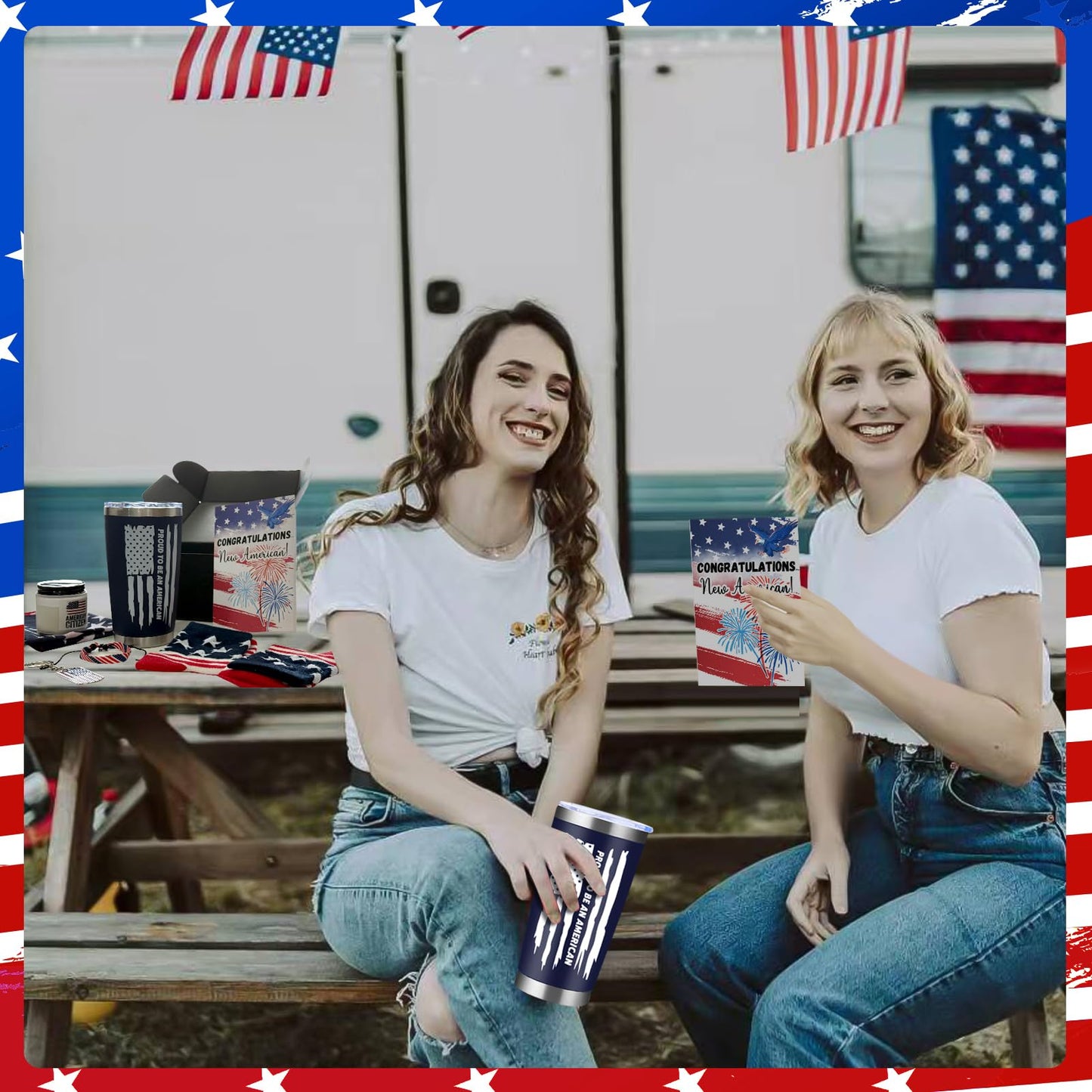 7 Pcs New US Citizenship Gift American Flag Gifts Set Include Water Bottle Wristband Handkerchief Keychain Socks Aromatherapy Card Patriotic Gift Box Congratulations Card for Foreigners Veterans