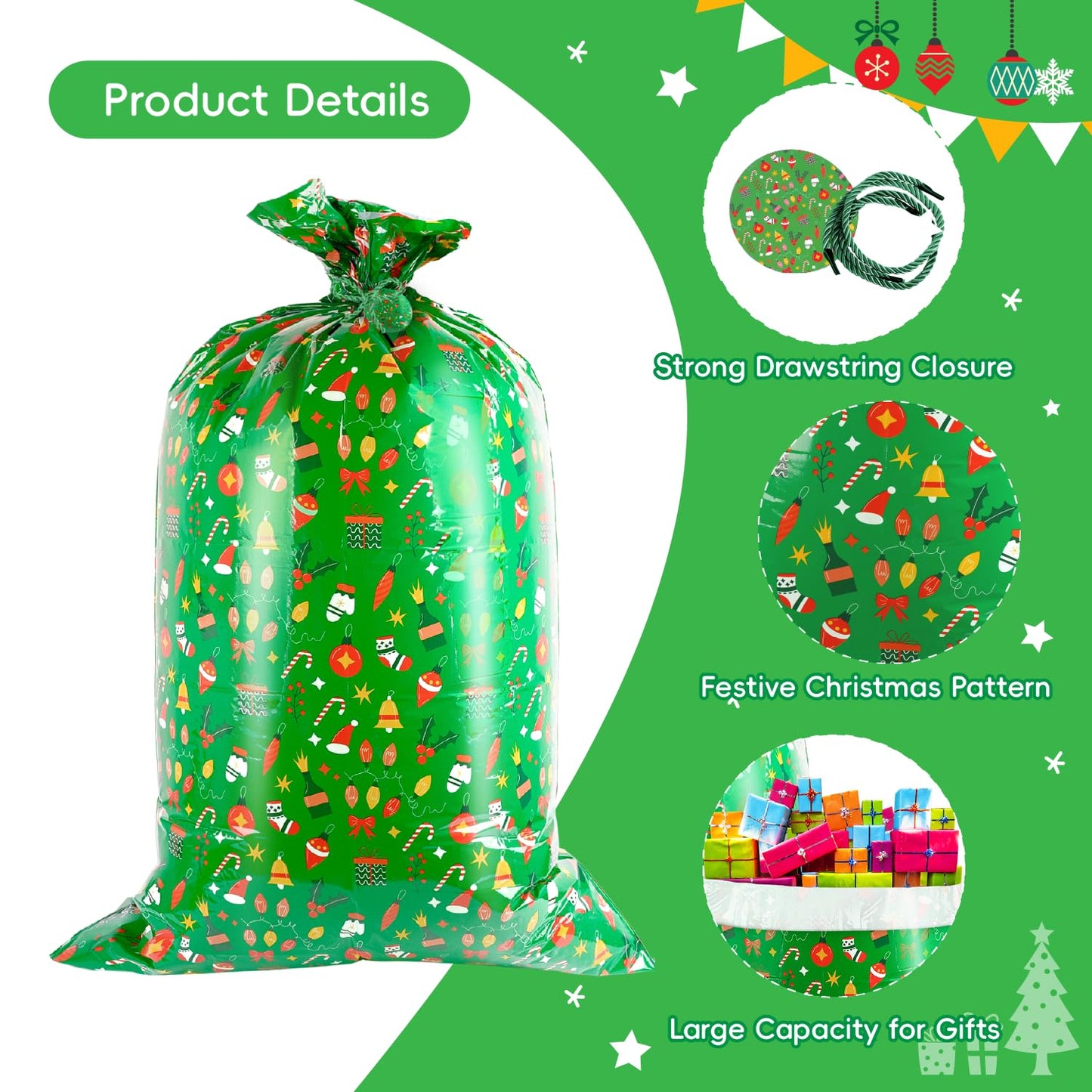 ysmile Christmas Extra Large Gift Bag Jumbo Plastic Oversized Xmas Big 60 Inch Gaint Bag - Green