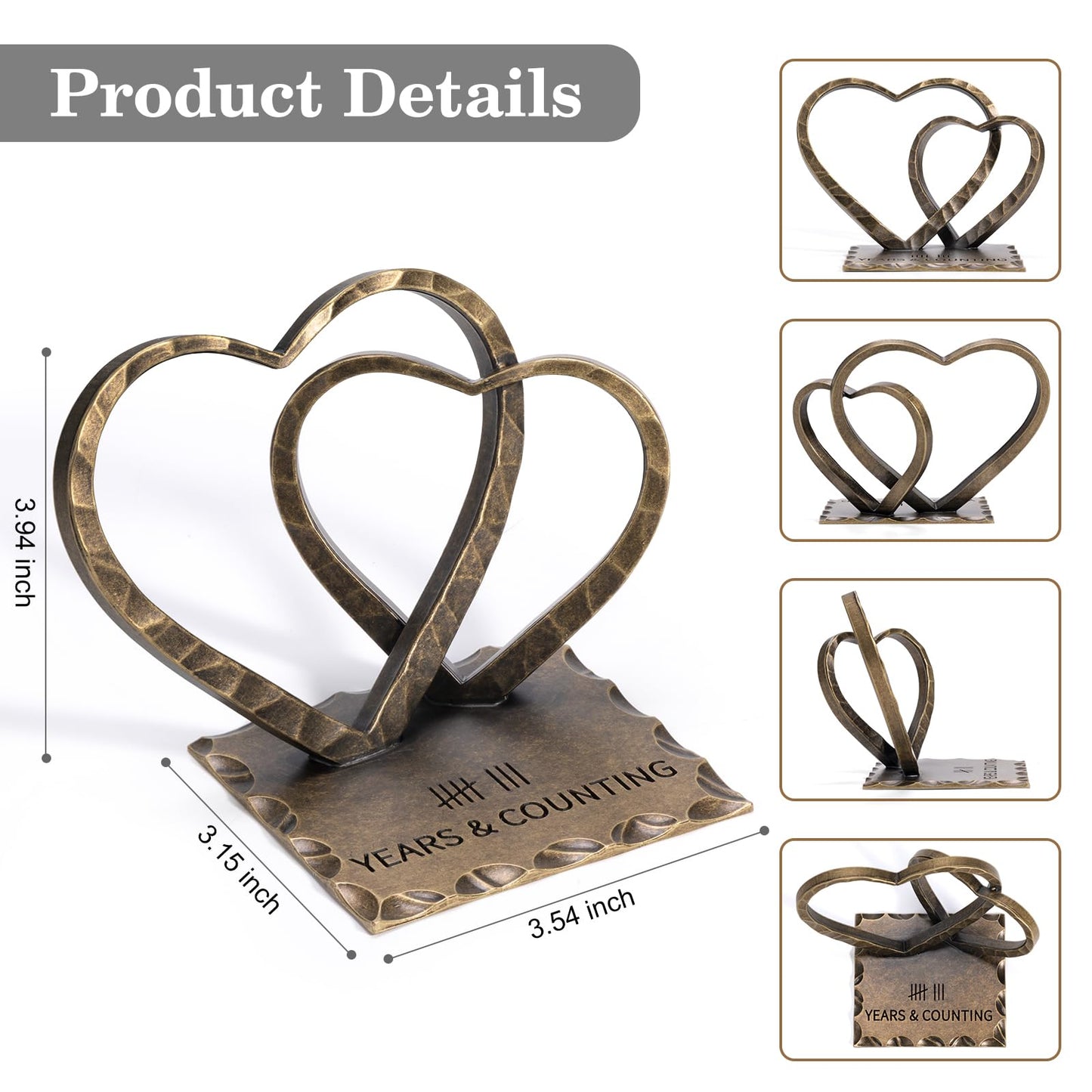 Vastsea 8 Year Anniversary Bronze Gifts - 8th Anniversary Wedding Handcrafted Hearts Sculpture for Her Him Couple Wife Husband, with Card & Gift Box