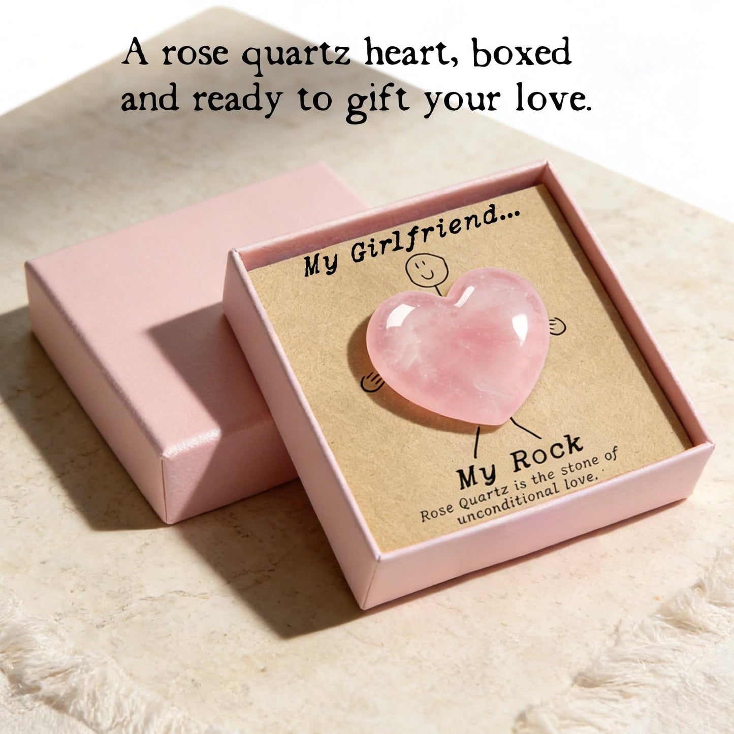 Gift for Girlfriend – My Rock Rose Quartz Heart Pocket Hug, Natural Crystal Love Stone Keepsake with Message Card & Gift Box, Love Gift from Boyfriend