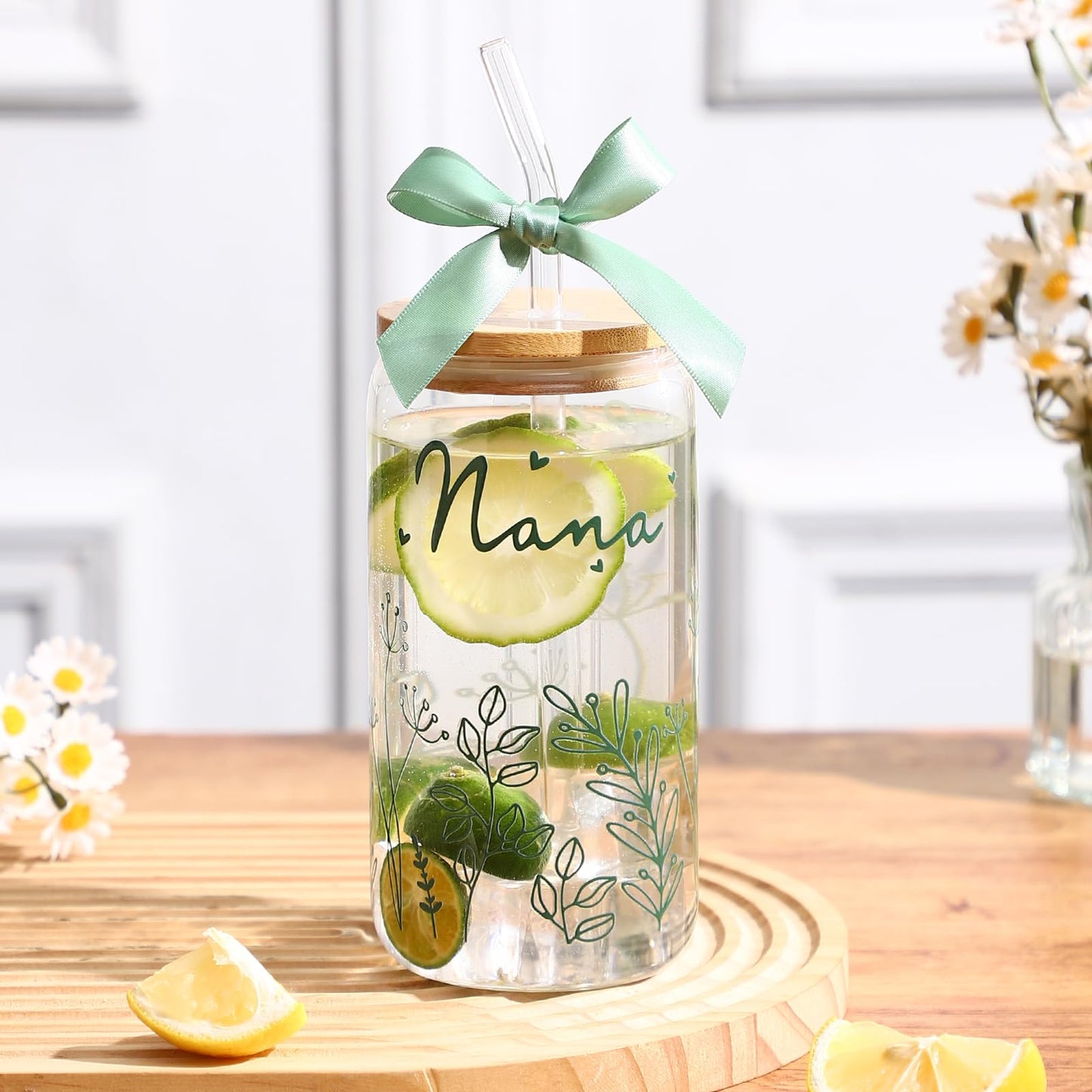 Gifts for Nana-Bow Glass Cup Nana Gift Cute Iced Coffee Cup with Lids and Straws for Grandma Birthday Gifts Mother day Grandmother Presents Stuff from Granddaughter Grandson Grandkids 16OZ